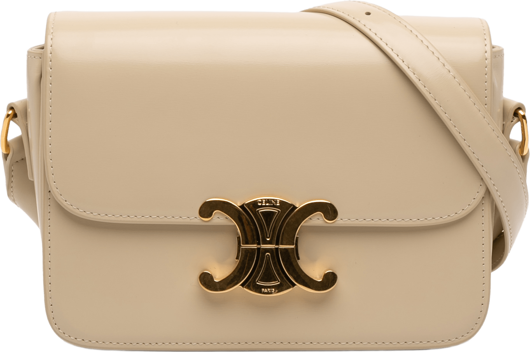 Celine Teen Shiny Calfskin Triomphe Crossbody, från Luxclusif, i färgen beige.