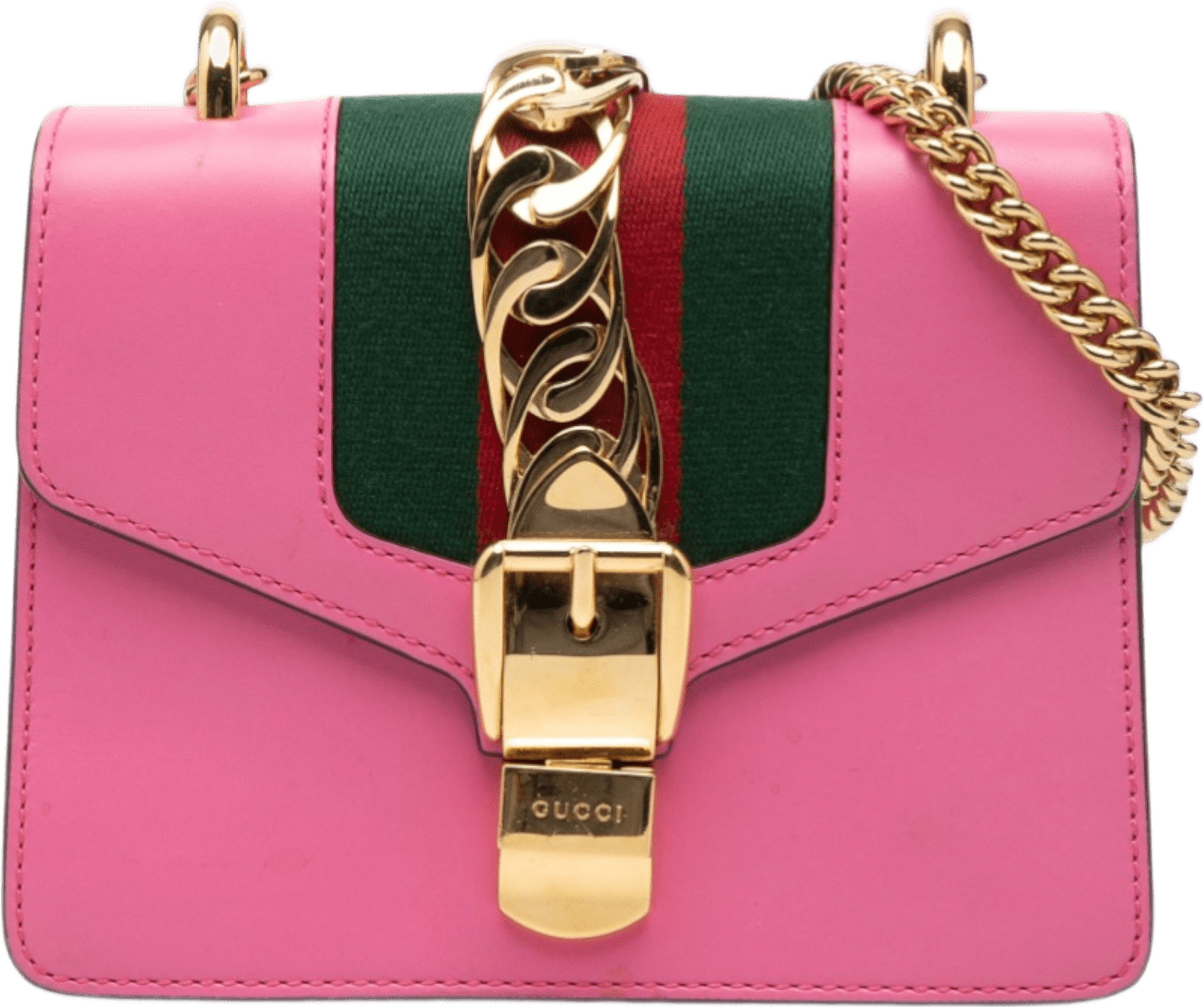 Gucci Mini Calfskin Web Sylvie Chain Crossbody, från Luxclusif, i färgen pink.