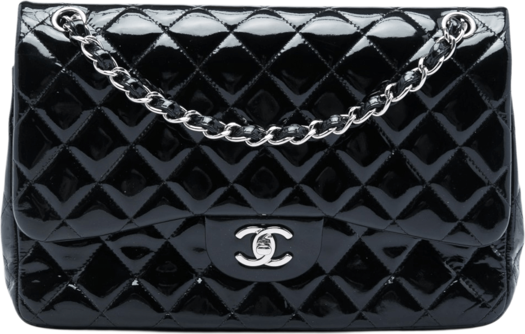 Chanel Jumbo Classic Patent Double Flap, från Luxclusif, i färgen svart.