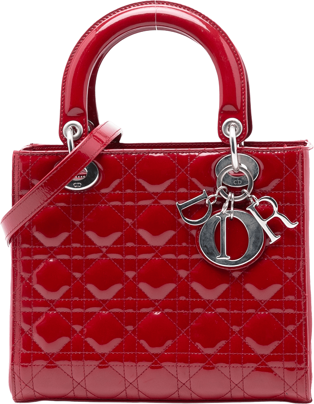 Dior Medium Patent Cannage Lady Dior, från Luxclusif, i färgen red.