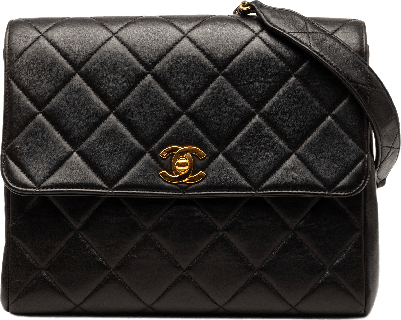 Chanel Small Square Quilted Lambskin Straight Single Flap, från Luxclusif, i färgen black.