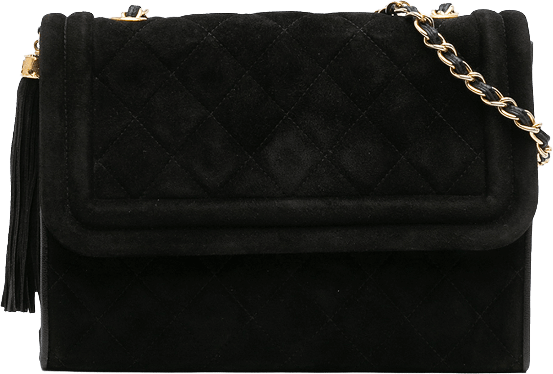 Chanel Quilted Suede Tassel Flap, från Luxclusif, i färgen black.