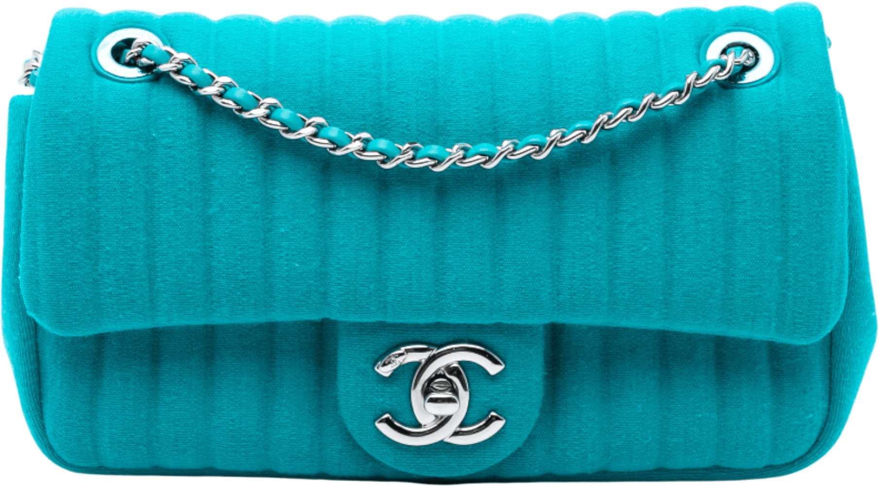 Chanel Mini Vertical Quilted Jersey Single Flap, från Luxclusif, i färgen peacock.