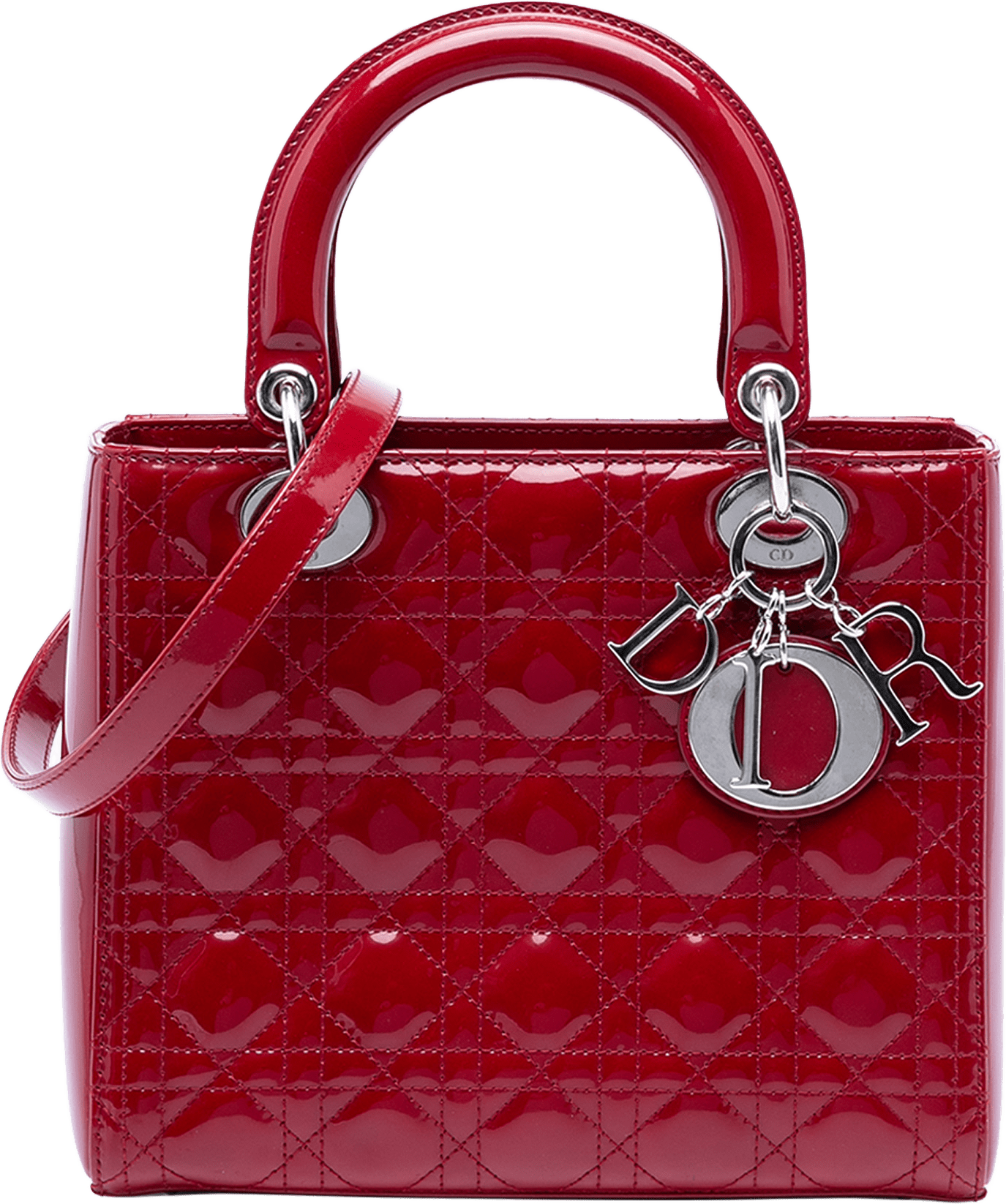 Dior Medium Patent Cannage Lady Dior, från Luxclusif, i färgen red.