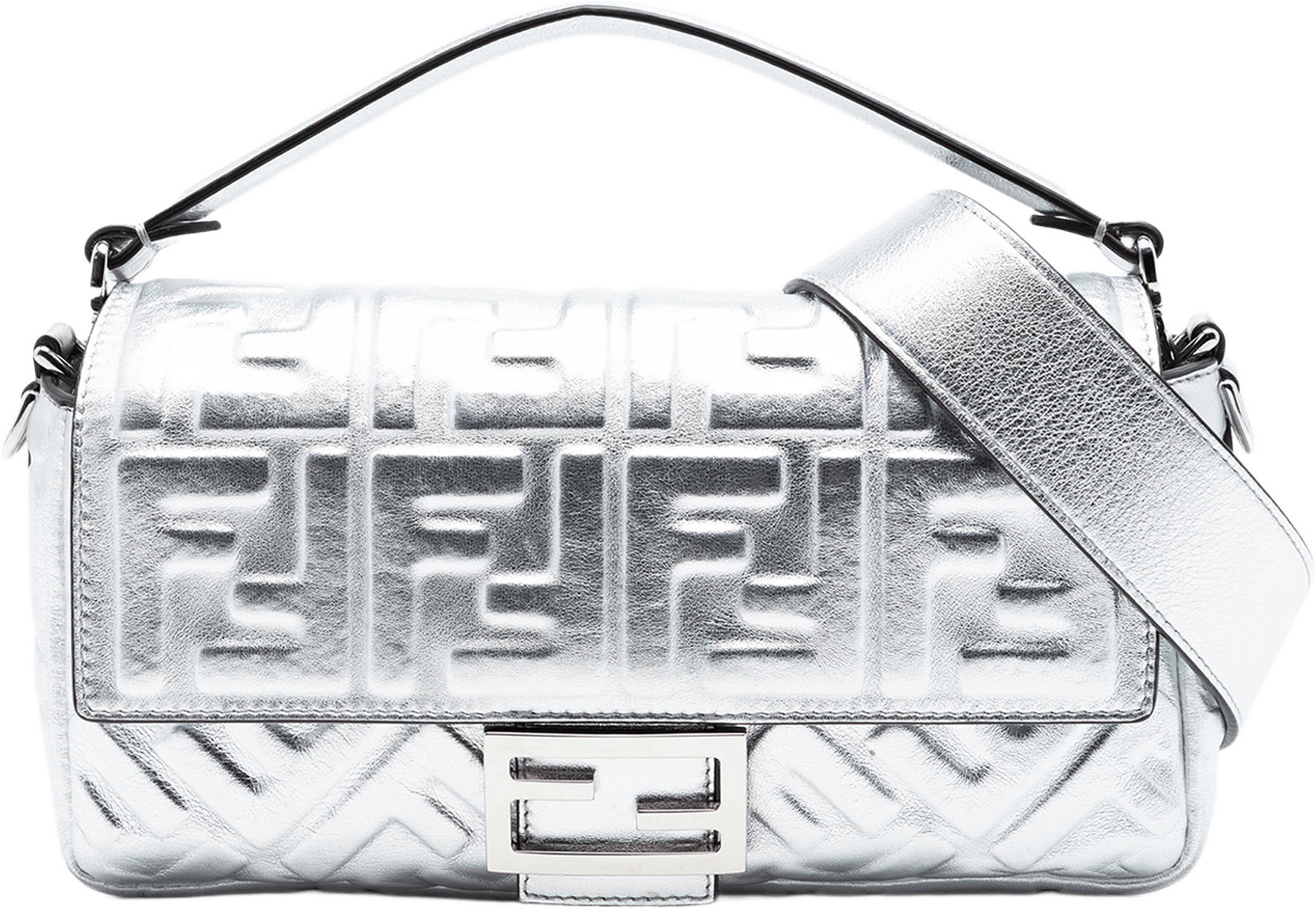 Fendi Medium Metallic Leather Embossed Ff Baguette Satchel, från Luxclusif, i färgen silver.