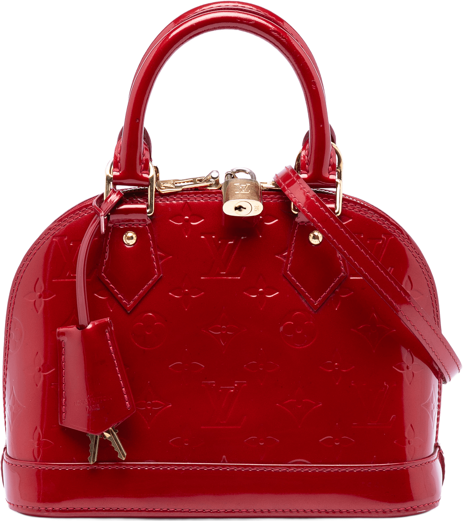 Louis Vuitton Monogram Vernis Alma Bb, från Luxclusif, i färgen röd.