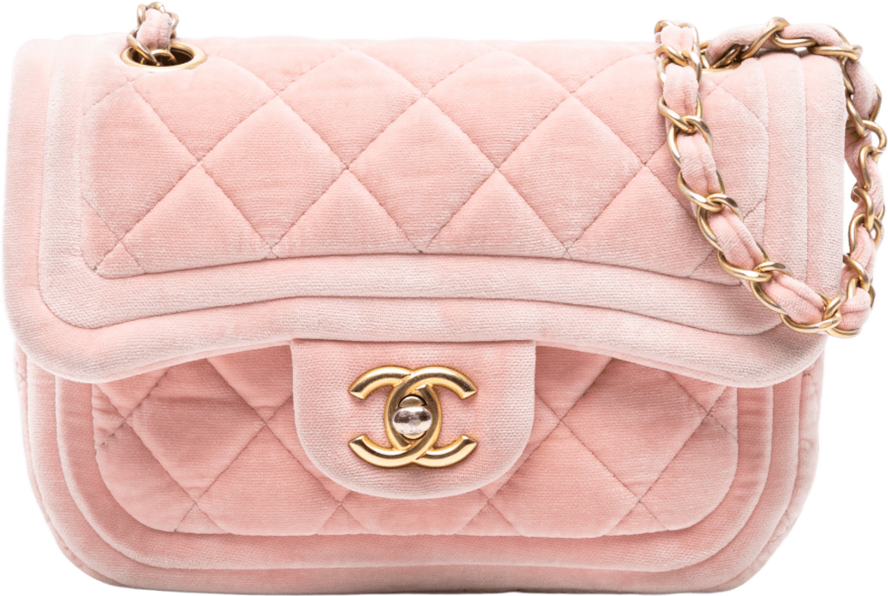 Chanel Mini Quilted Velvet Double Frame Flap, från Luxclusif, i färgen pink.