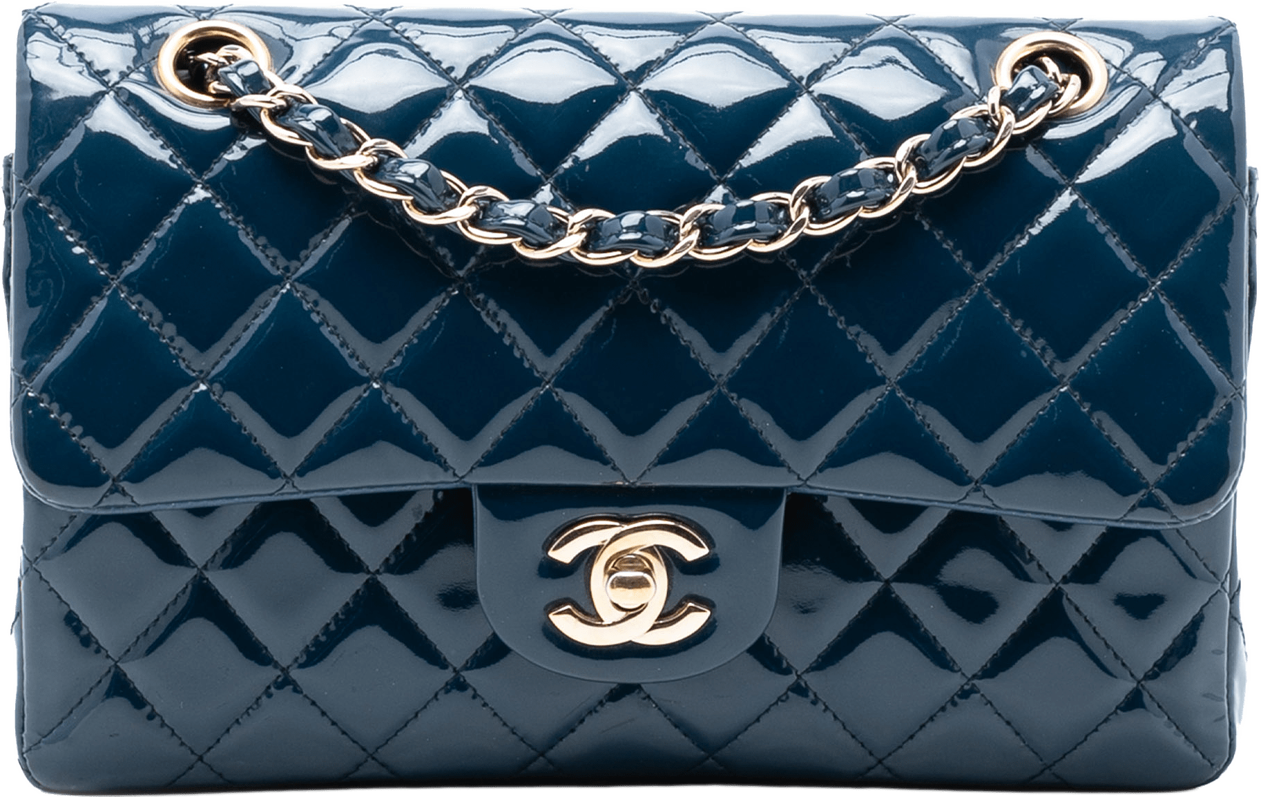 Chanel Small Classic Patent Double Flap, från Luxclusif, i färgen blue.