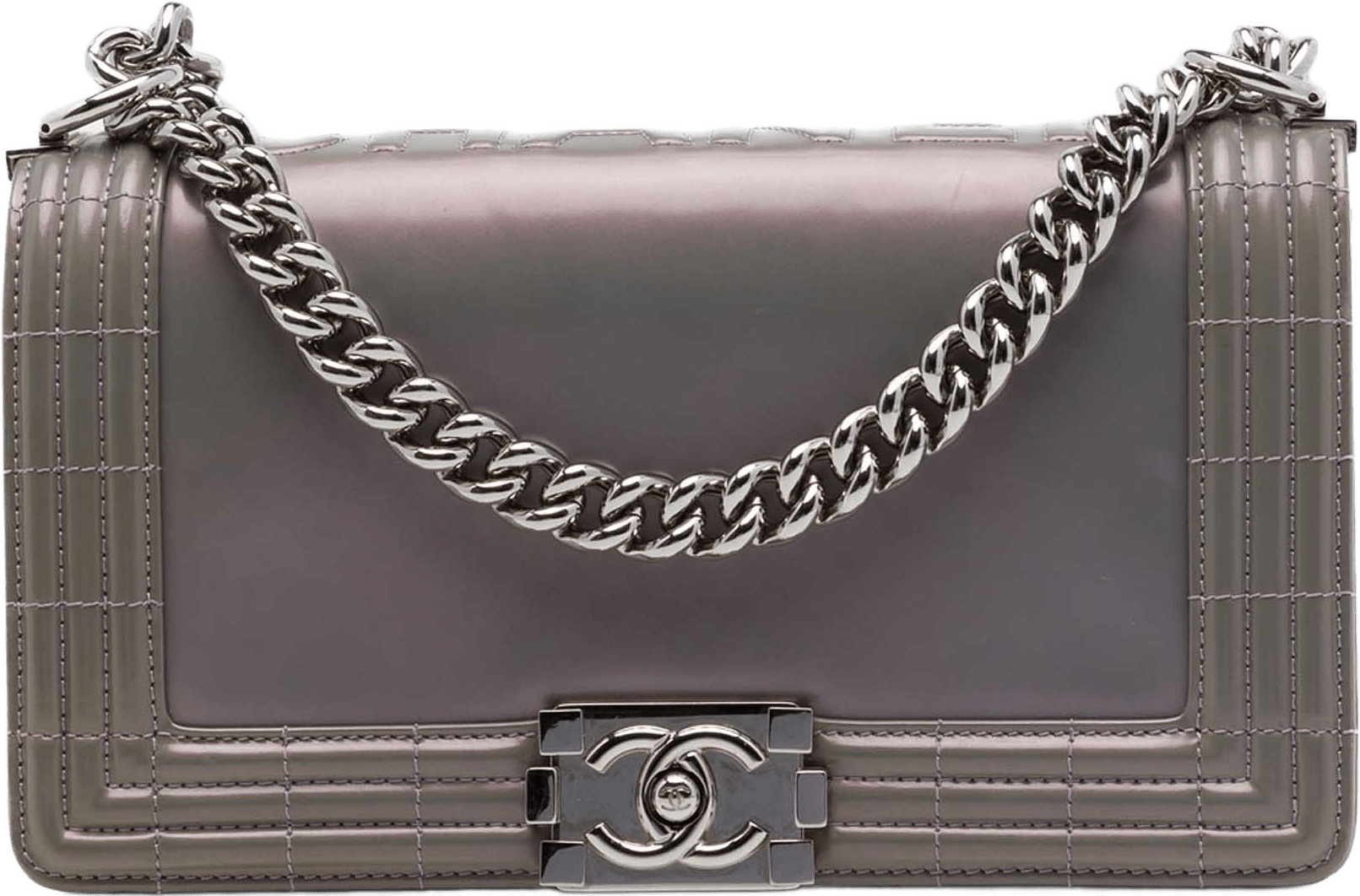 Chanel Old Medium Iridescent Patent Boy Reverso Flap, från Luxclusif, i färgen grå.