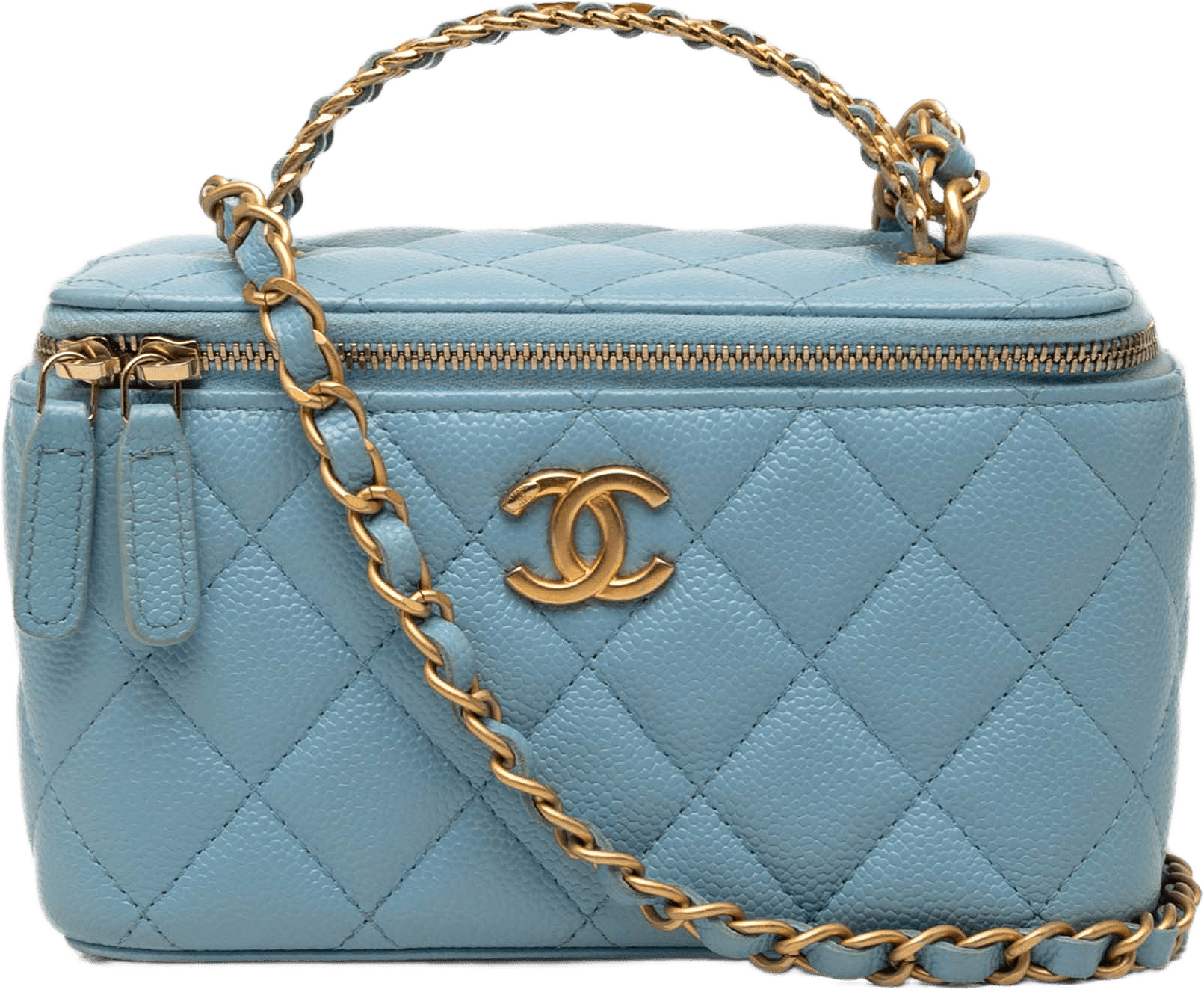 Chanel Caviar Pick Me Up Vanity Case, från Luxclusif, i färgen light blue.