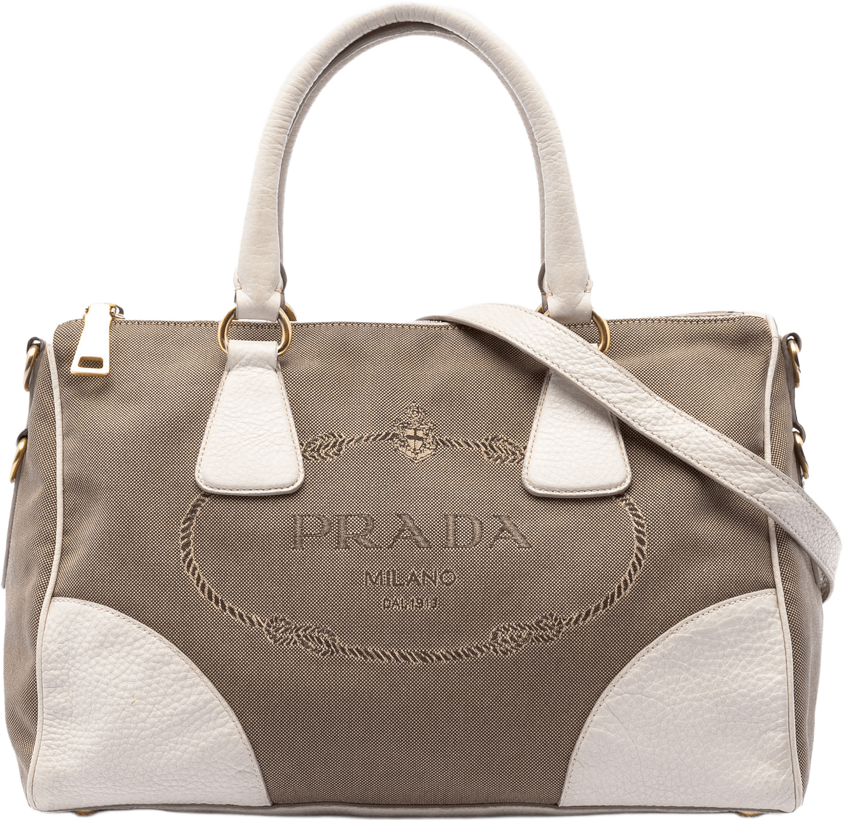 Prada Vitello Daino Trimmed Canvas Canapa Logo Satchel, från Luxclusif, i färgen light brown.