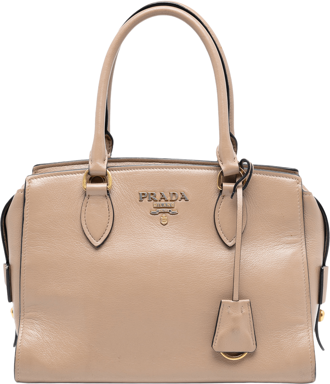 Prada Small City Calf Trimmed Saffiano Top Handle Bag, från Luxclusif, i färgen camel.