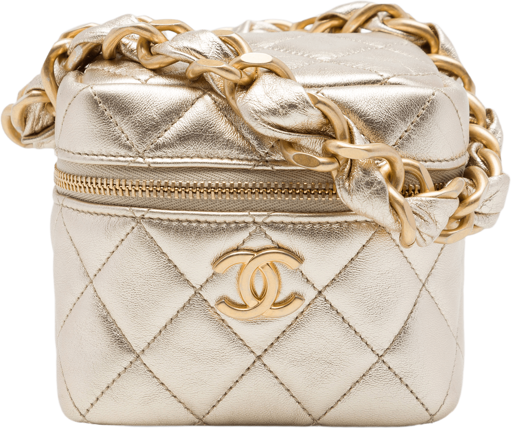 Chanel Cc Quilted Metallic Lambskin Cube Zip Clutch With Chain, från Luxclusif, i färgen guld.