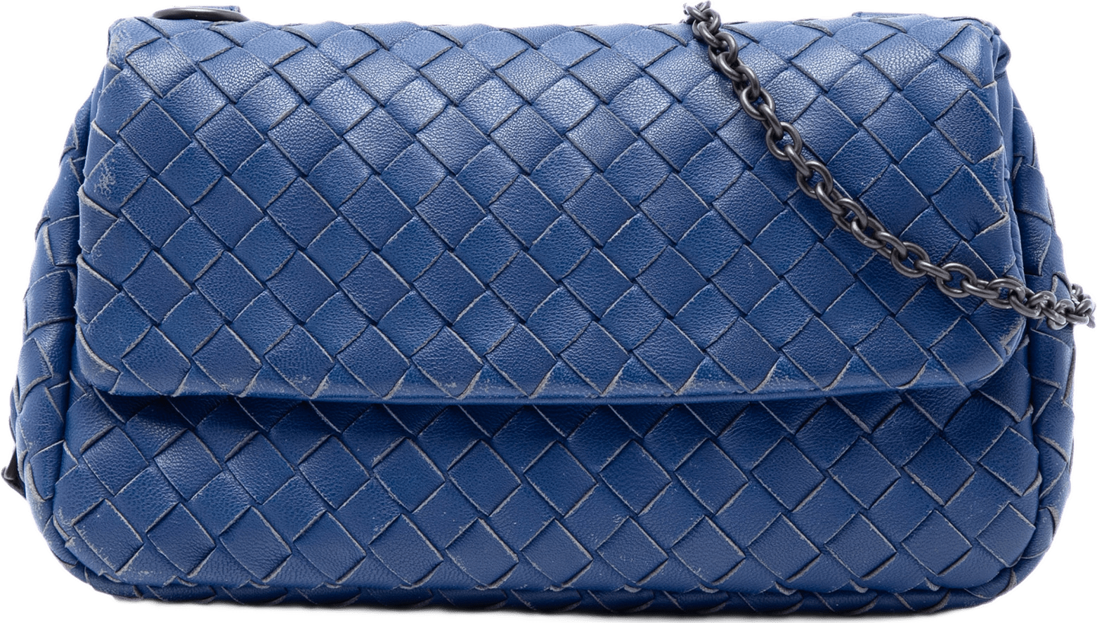 Bottega Veneta Mini Nappa Intrecciato Expandable Chain Flap Crossbody, från Luxclusif, i färgen blå.