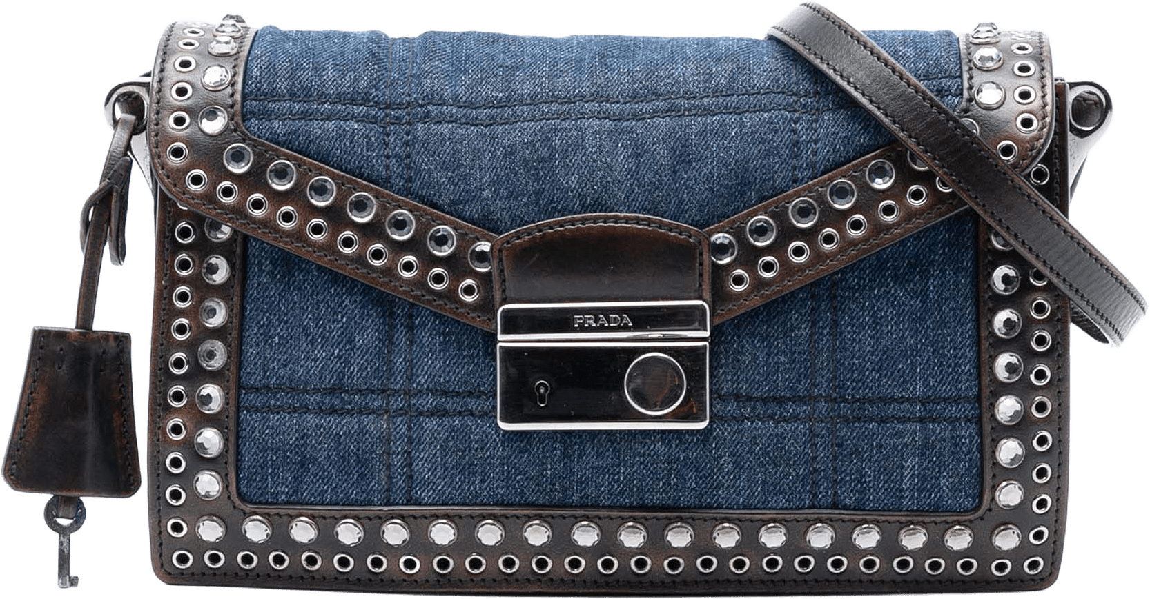 Prada Studded Denim Sound Lock Crossbody, från Luxclusif, i färgen denim.