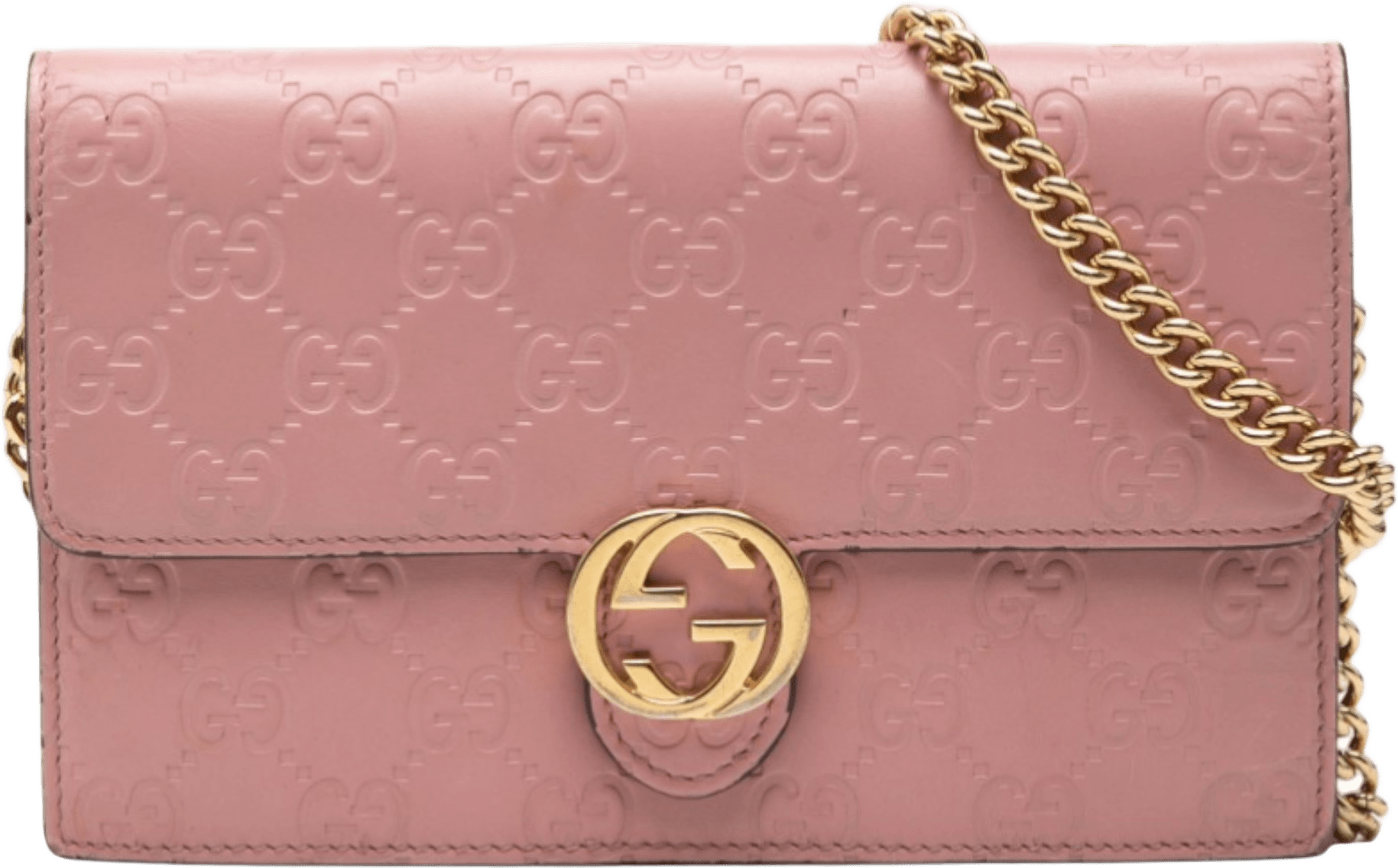 Gucci Guccissima Interlocking G Wallet On Chain, från Luxclusif, i färgen pink.