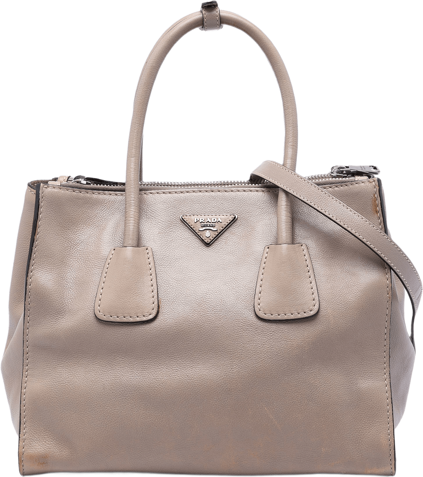 Prada Glace Calf Twin Pocket Double Handle Satchel, från Luxclusif, i färgen beige.