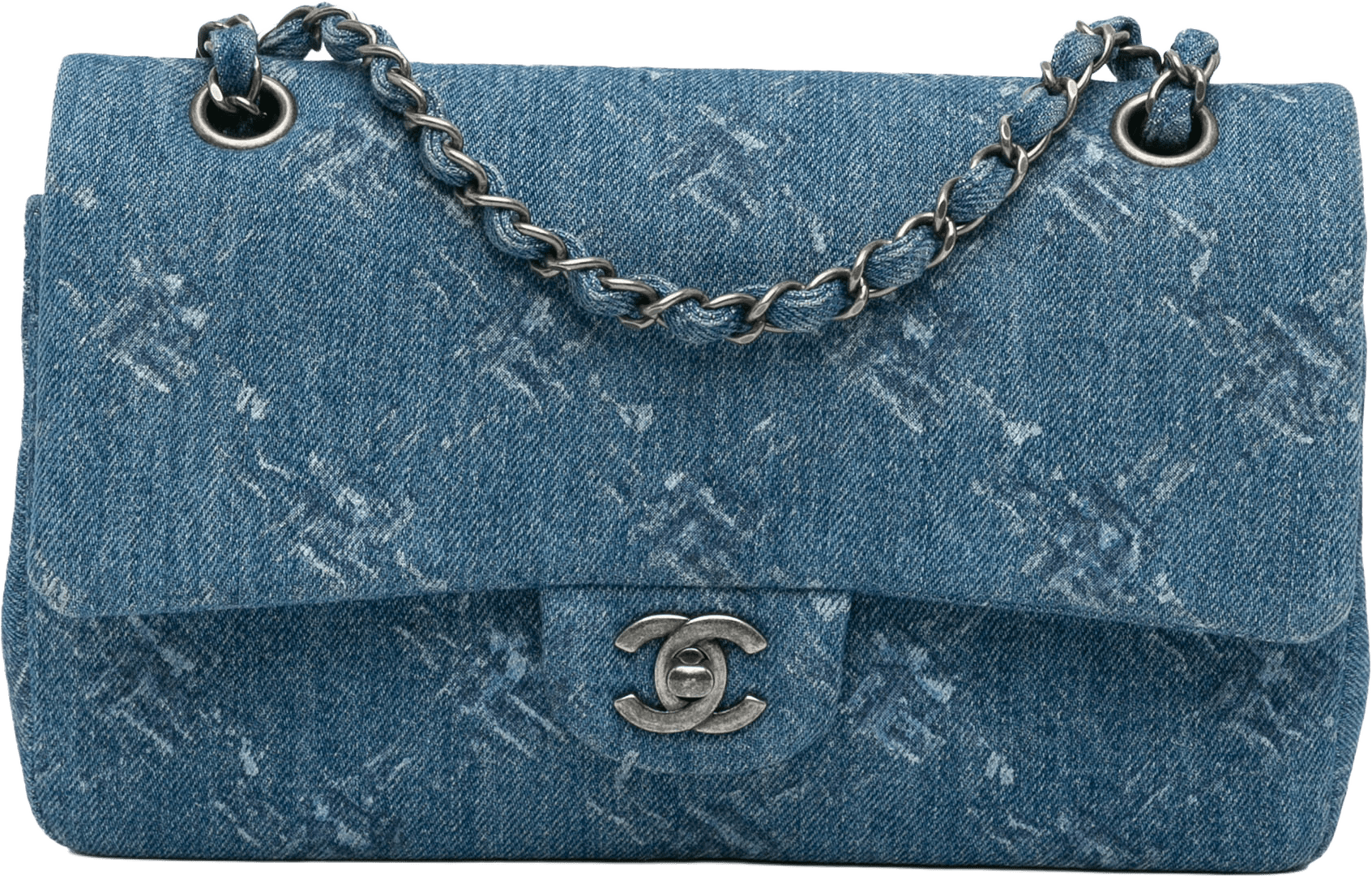 Chanel Medium Classic Printed Denim Double Flap, från Luxclusif, i färgen denim.