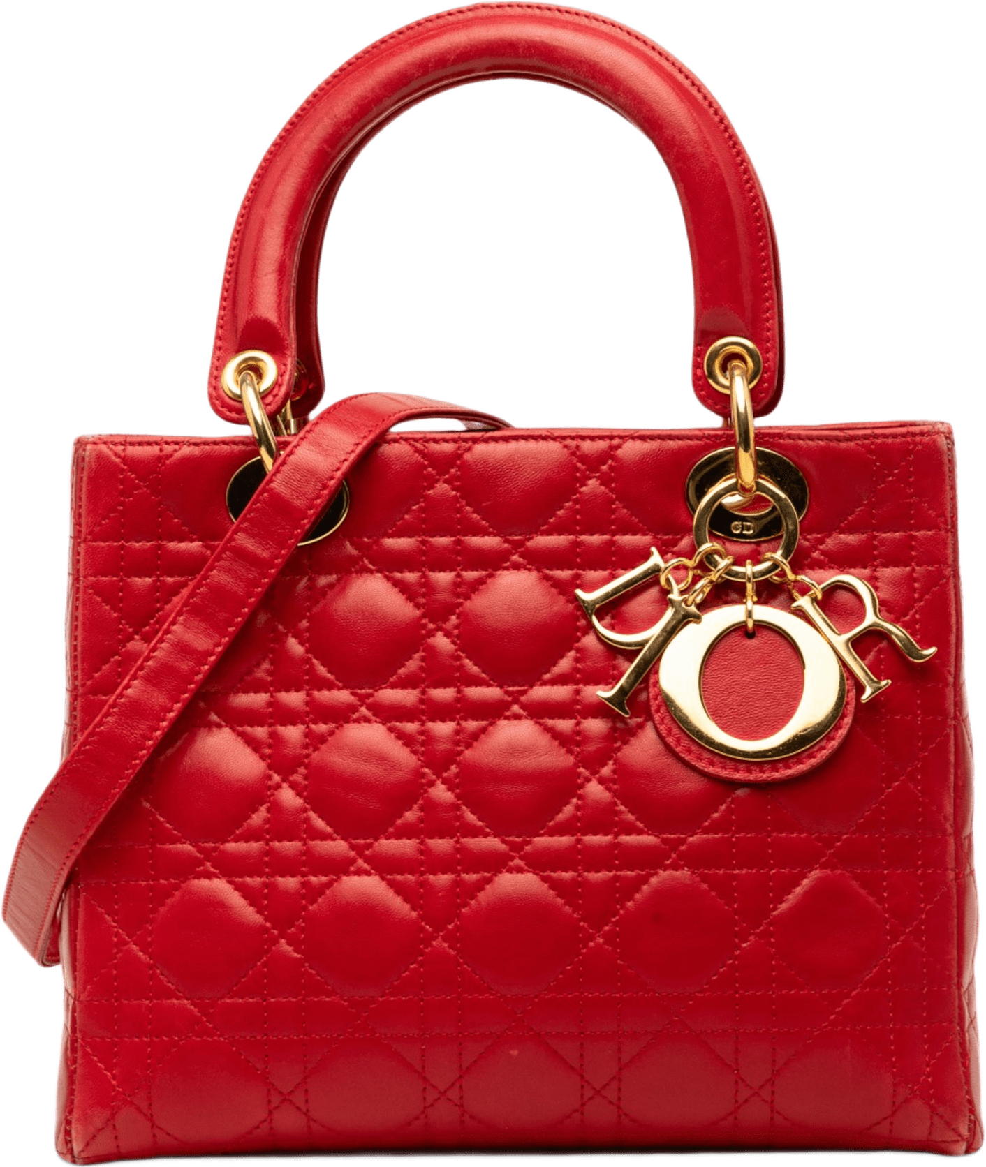 Dior Medium Lambskin Cannage Lady Dior, från Luxclusif, i färgen red.