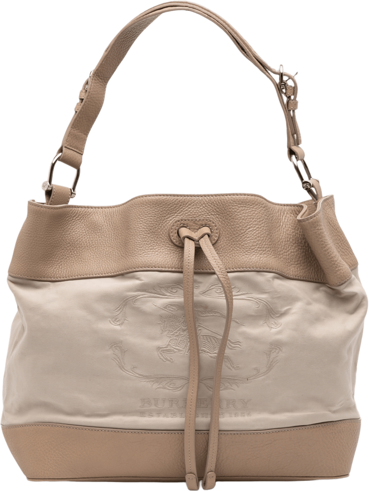 Burberry Leather Trimmed Canvas Drawstring Bucket Bag, från Luxclusif, i färgen beige.