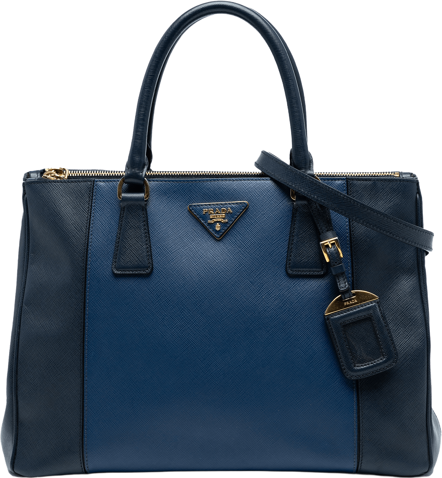 Prada Medium Bicolor Saffiano Lux Galleria Double Zip Satchel, från Luxclusif, i färgen blue.