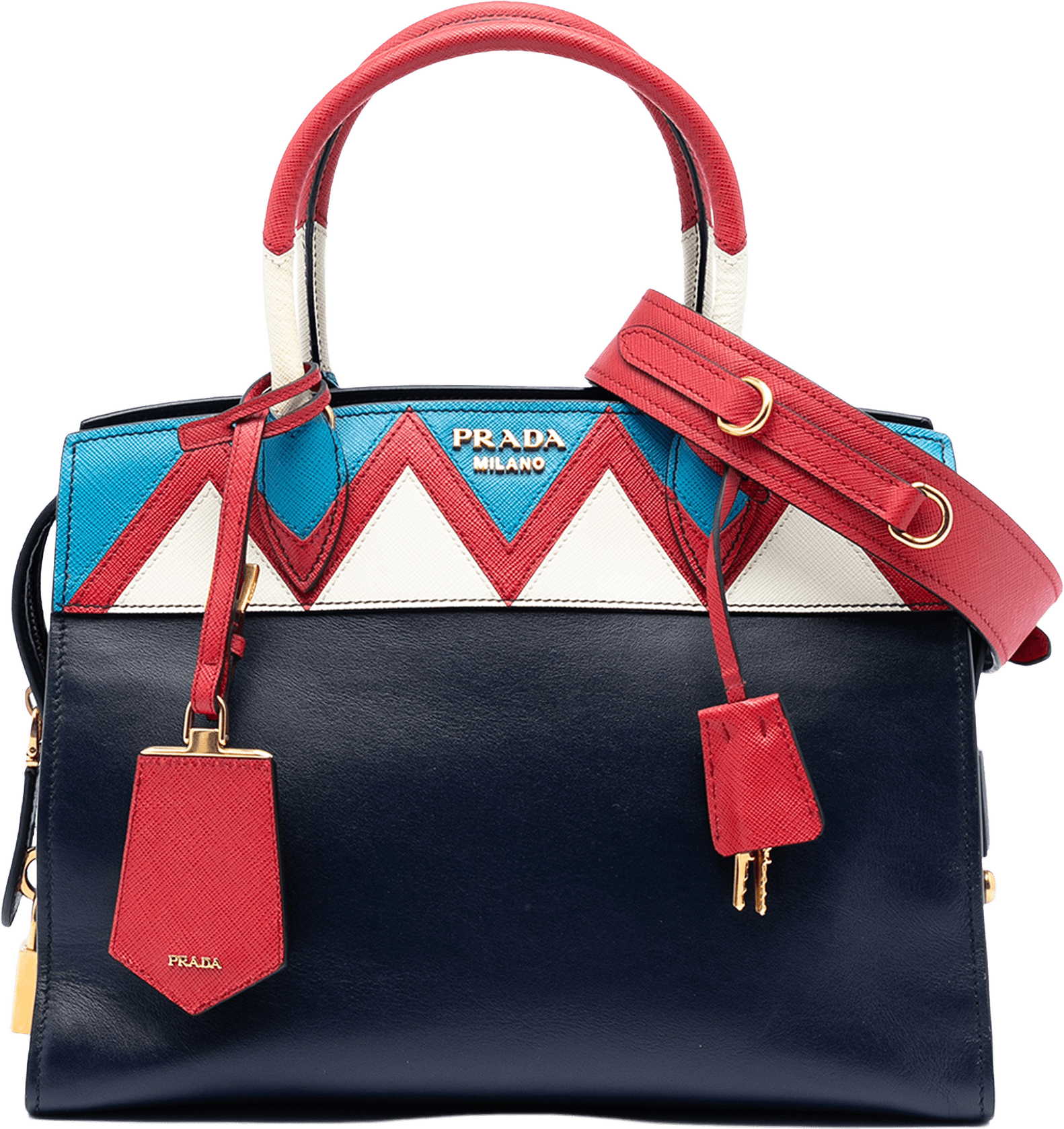 Prada Medium Saffiano Trimmed City Calf Greca Esplanade Satchel, från Luxclusif, i färgen navy.