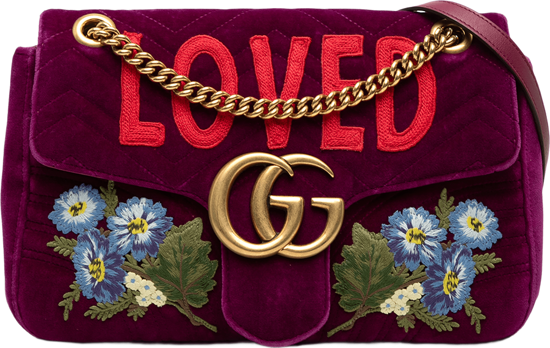 Gucci Large Gg Marmont Embroidered Matelasse Velvet Loved Flap Crossbody, från Luxclusif, i färgen magenta.