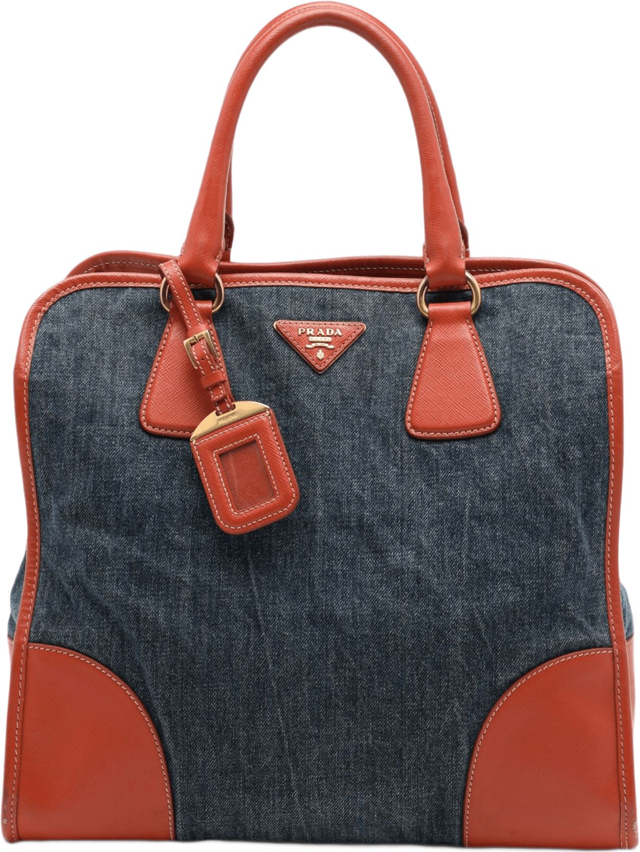 Prada Saffiano Trimmed Denim Open Convertible Tote, från Luxclusif, i färgen brun.