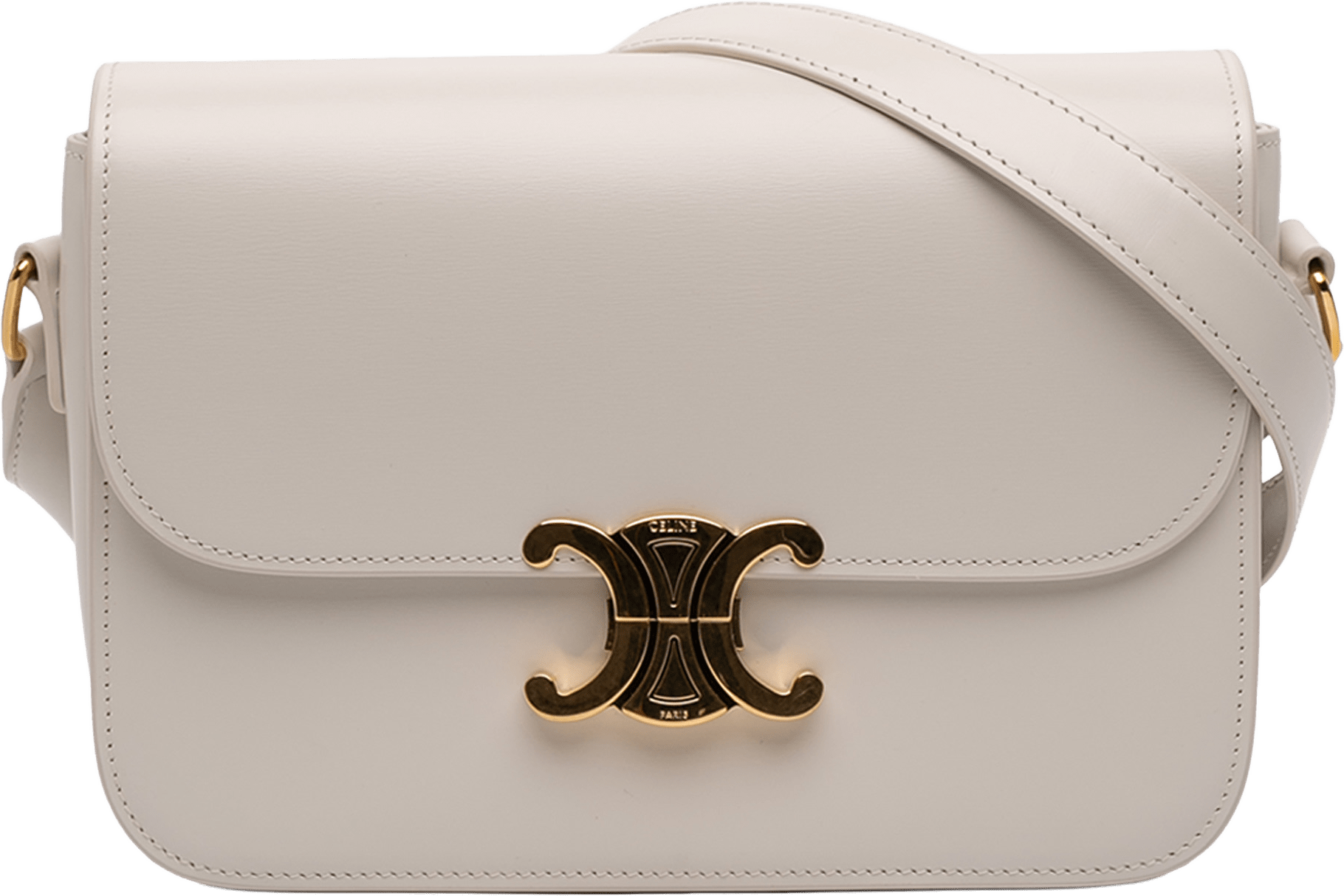 Celine Classique Shiny Calfskin Triomphe Crossbody, från Luxclusif, i färgen white.