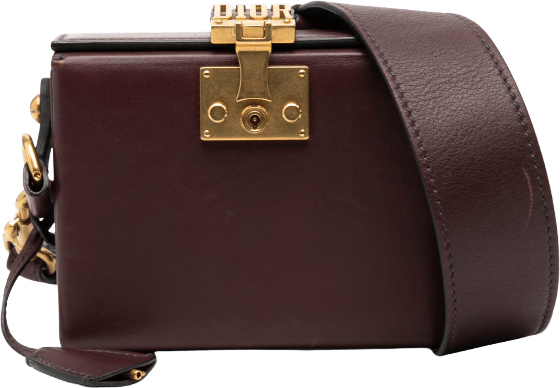 Dior Lambskin Dioraddict Lockbox Crossbody, från Luxclusif, i färgen burgundy.