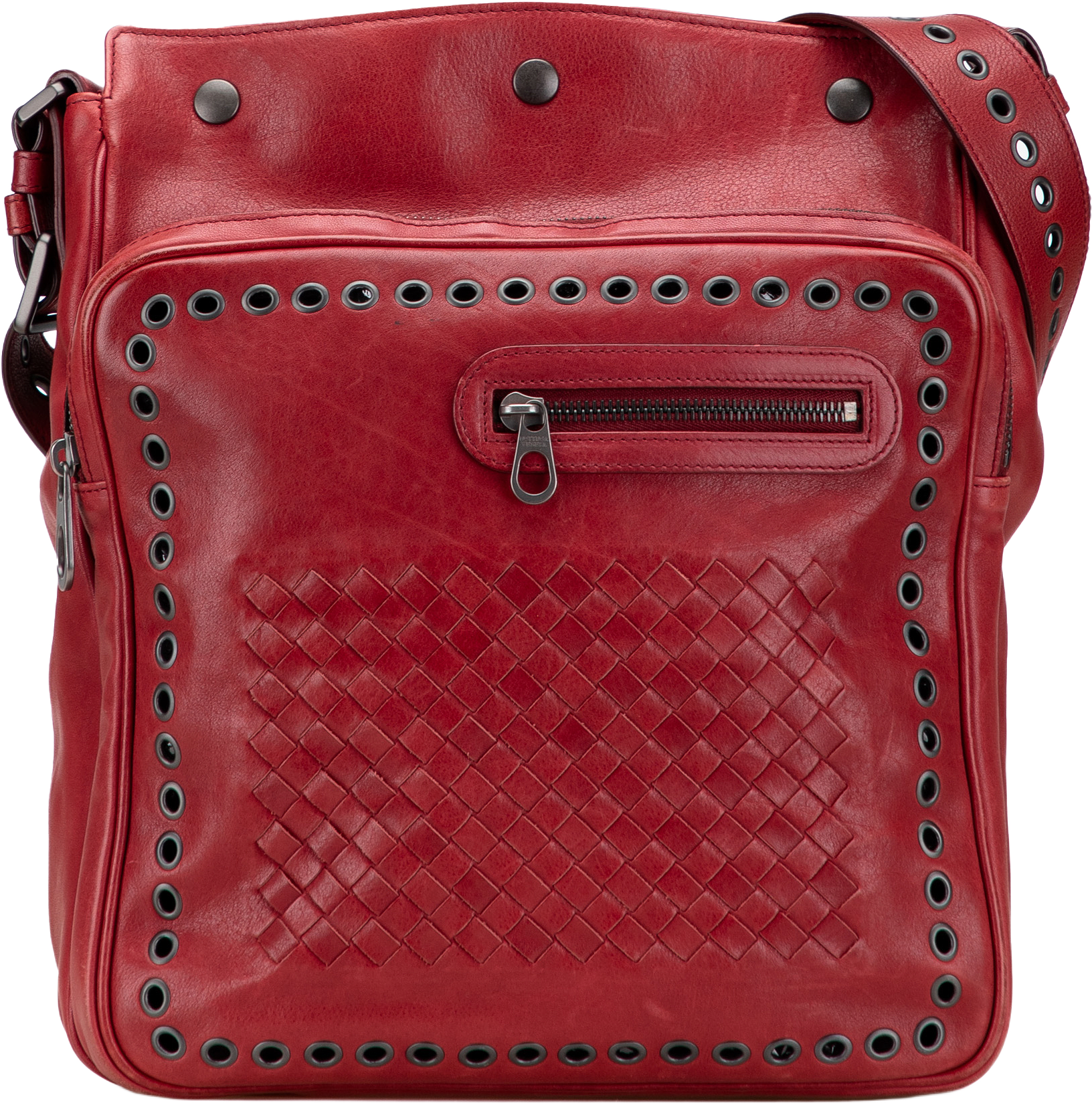 Bottega Veneta Nappa Intrecciato Grommet Crossbody, från Luxclusif, i färgen red.