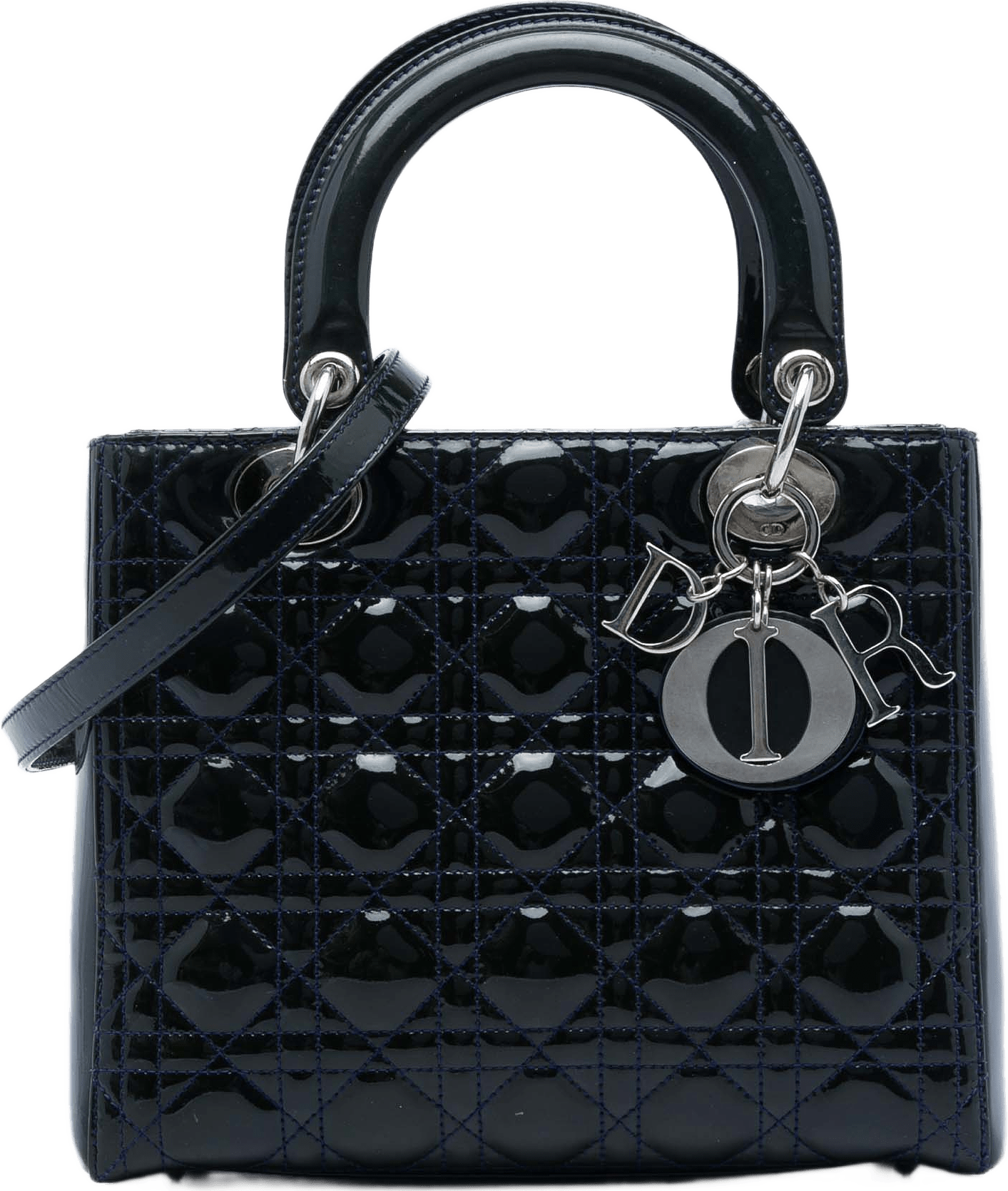 Dior Medium Patent Cannage Lady Dior, från Luxclusif, i färgen blå.