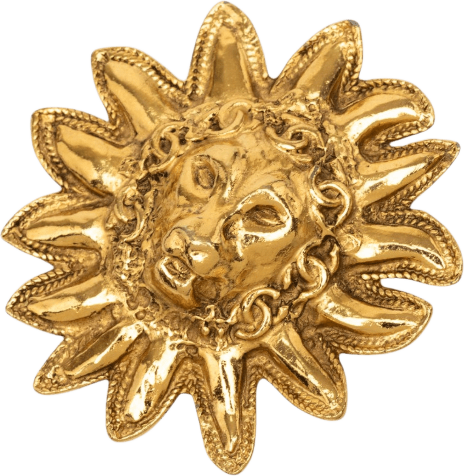 Chanel Cc Gold Plated Lion Head Sun Brooch, från Luxclusif, i färgen guld.