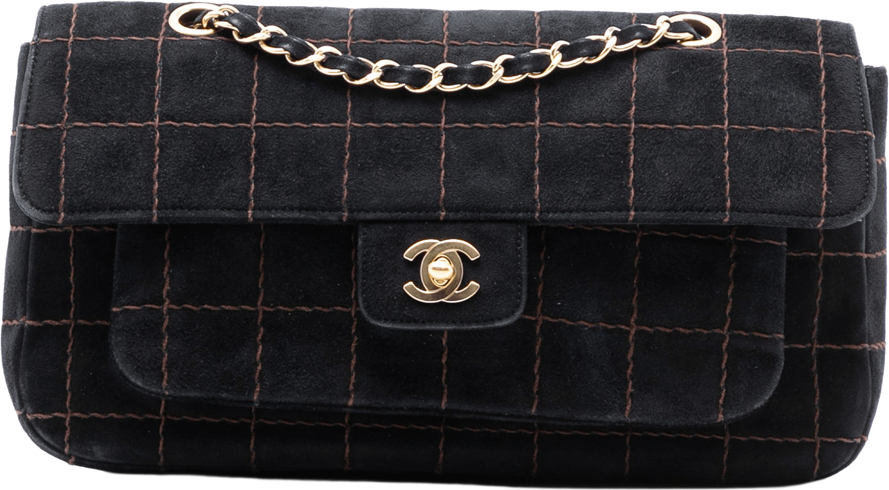 Chanel Cc Choco Bar Suede Stitched Chain Flap, från Luxclusif, i färgen black.