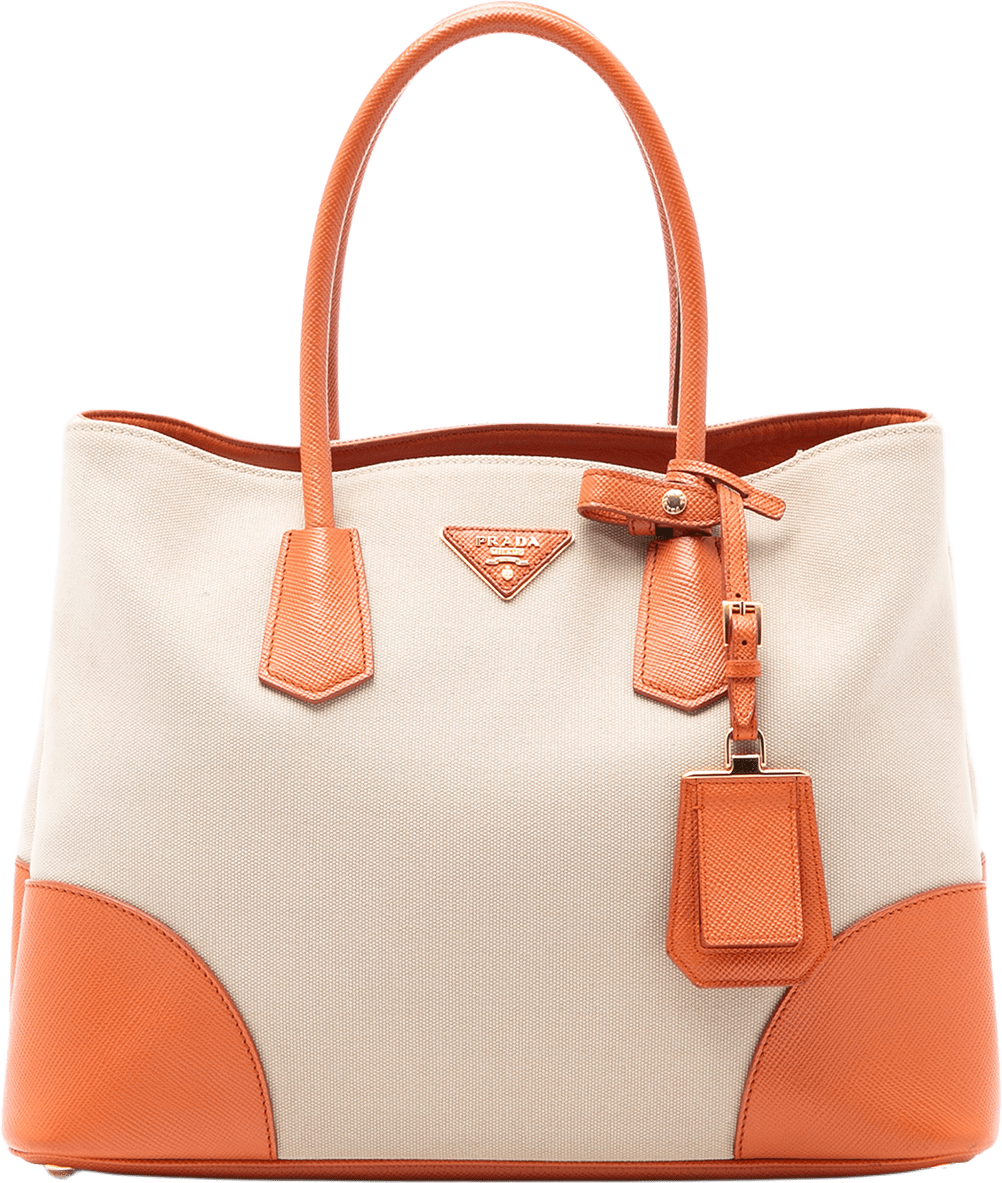 Prada Large Saffiano Trimmed Canapa Double Satchel, från Luxclusif, i färgen beige.