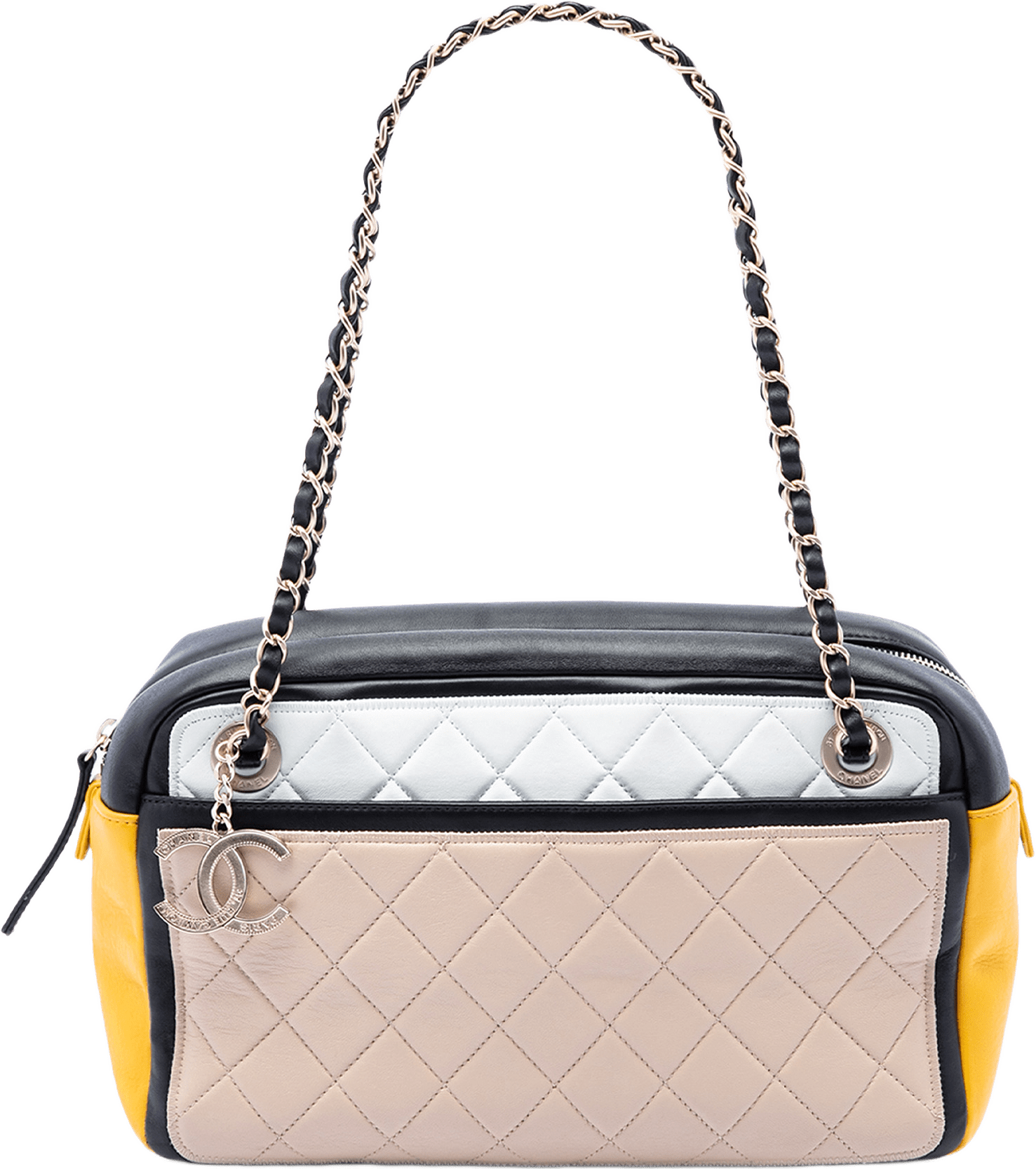 Chanel Tricolor Quilted Lambskin Graphic Camera Case Bag, från Luxclusif, i färgen beige.