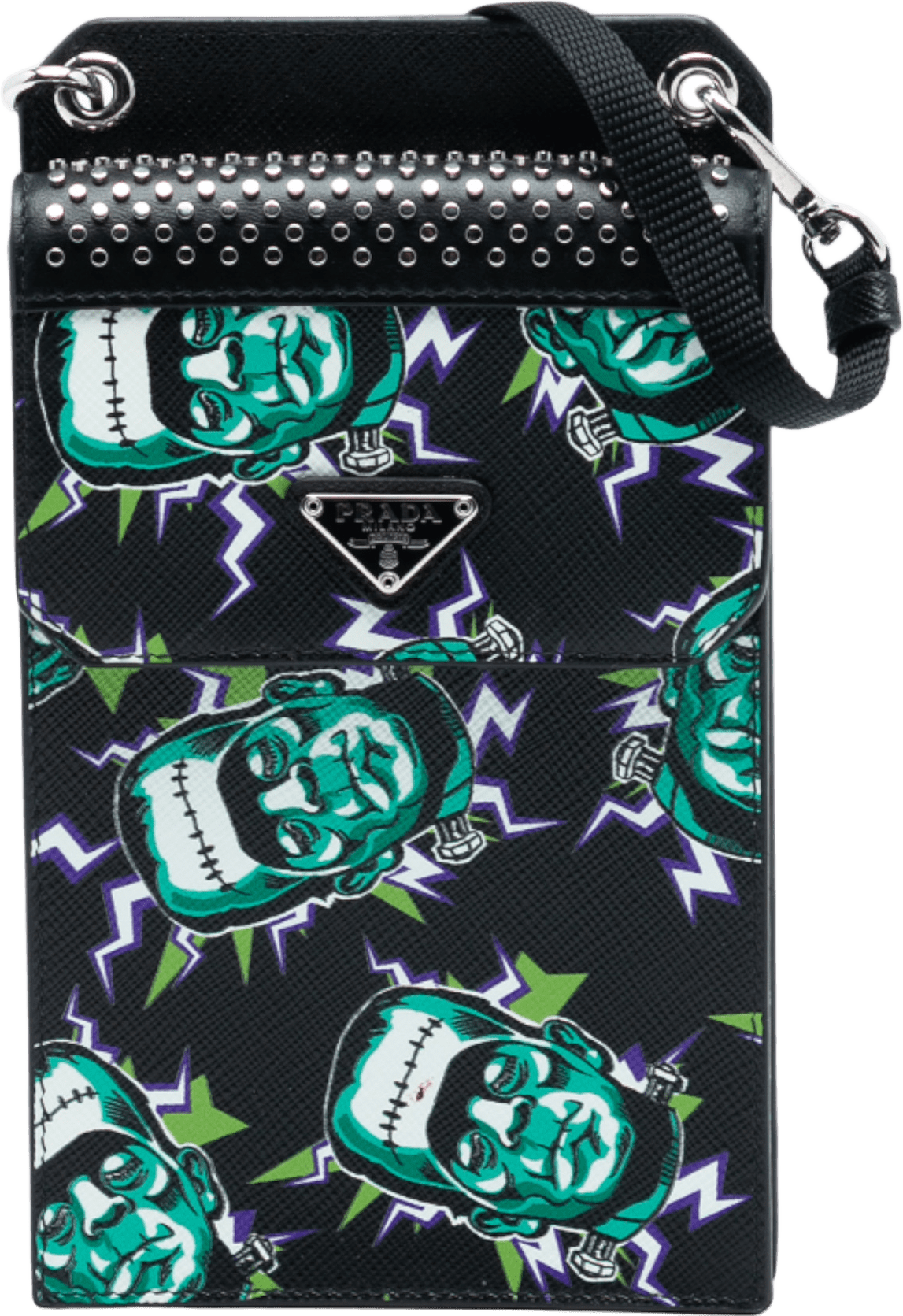 Prada Universal Studios Saffiano Frankenstein Phone Holder, från Luxclusif, i färgen black.