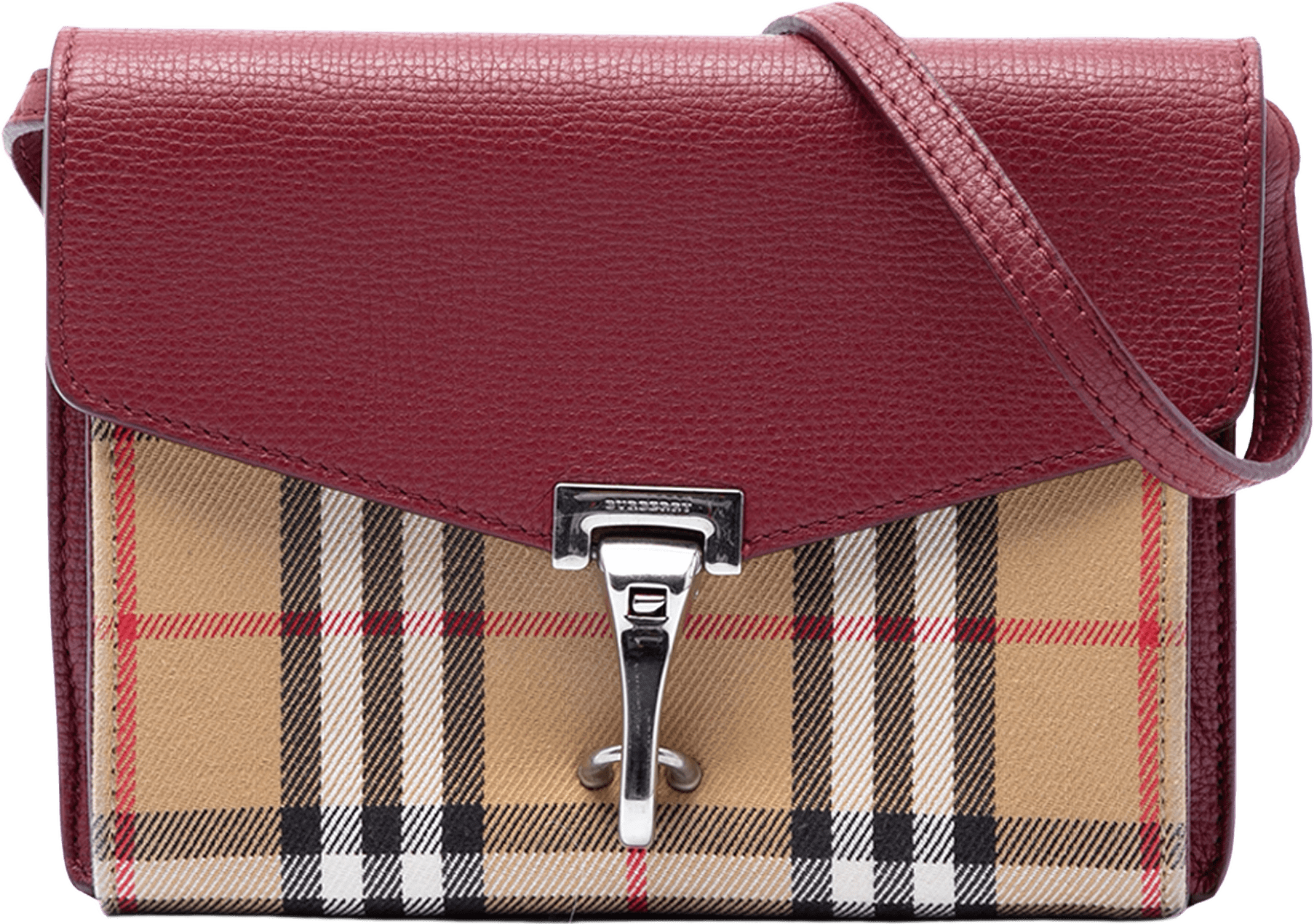 Burberry Small Leather And House Check Canvas Derby Macken Crossbody, från Luxclusif, i färgen dark red.