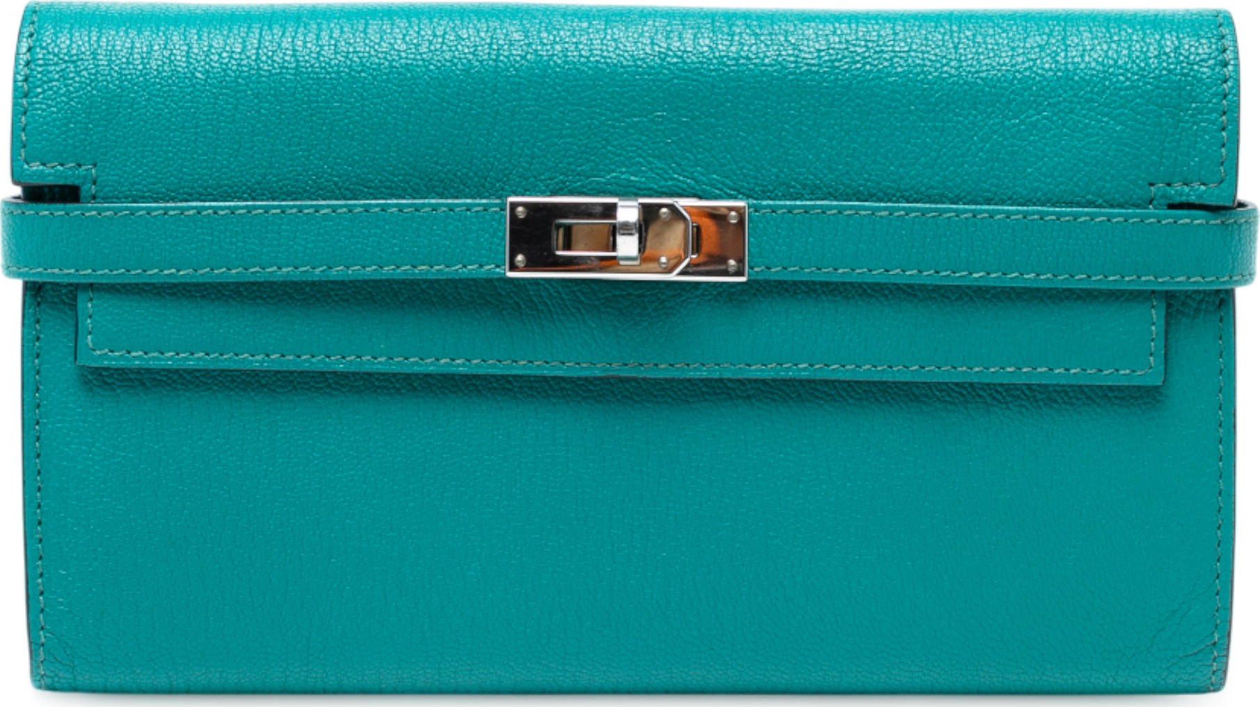 Hermès Chevre Mysore Kelly Longue Wallet, från Luxclusif, i färgen turquoise.