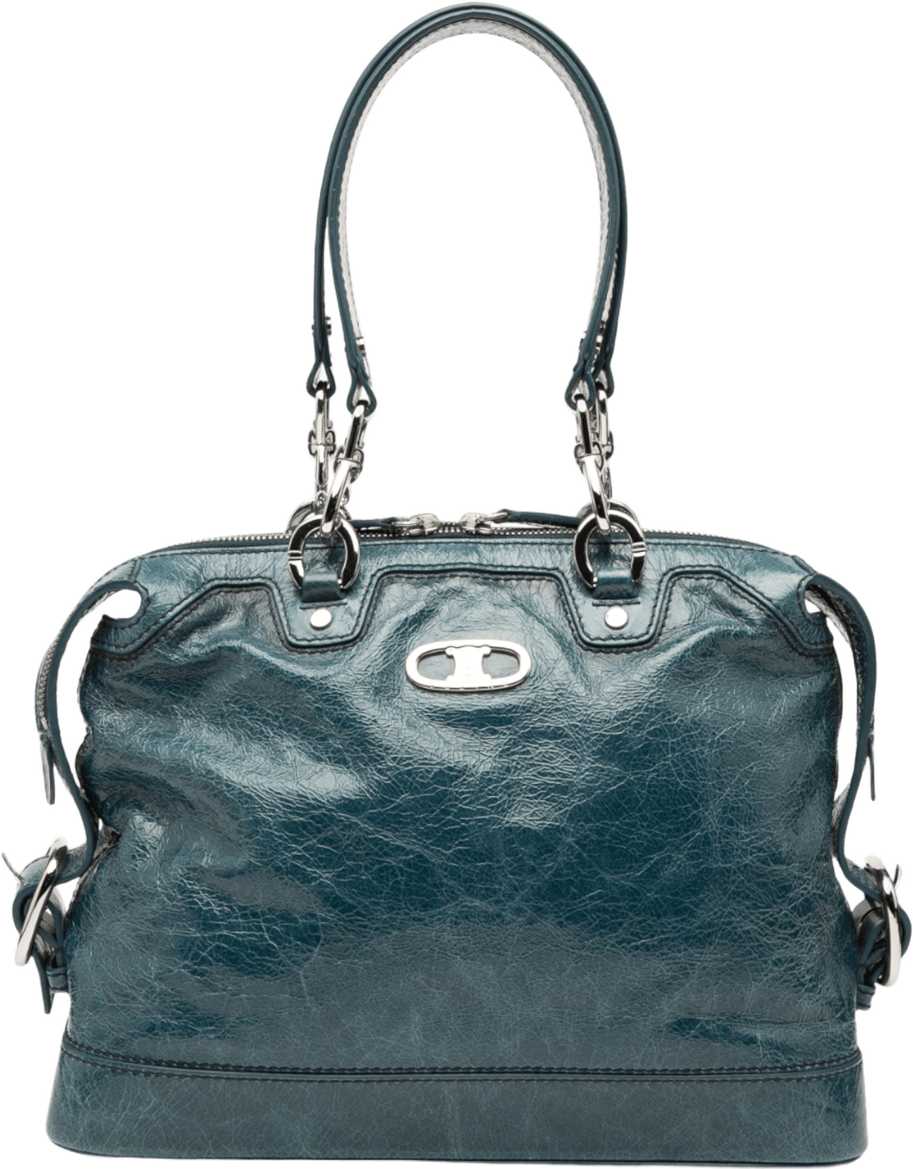 Celine Crinkled Patent Macadam Shoulder Bag, från Luxclusif, i färgen blue.