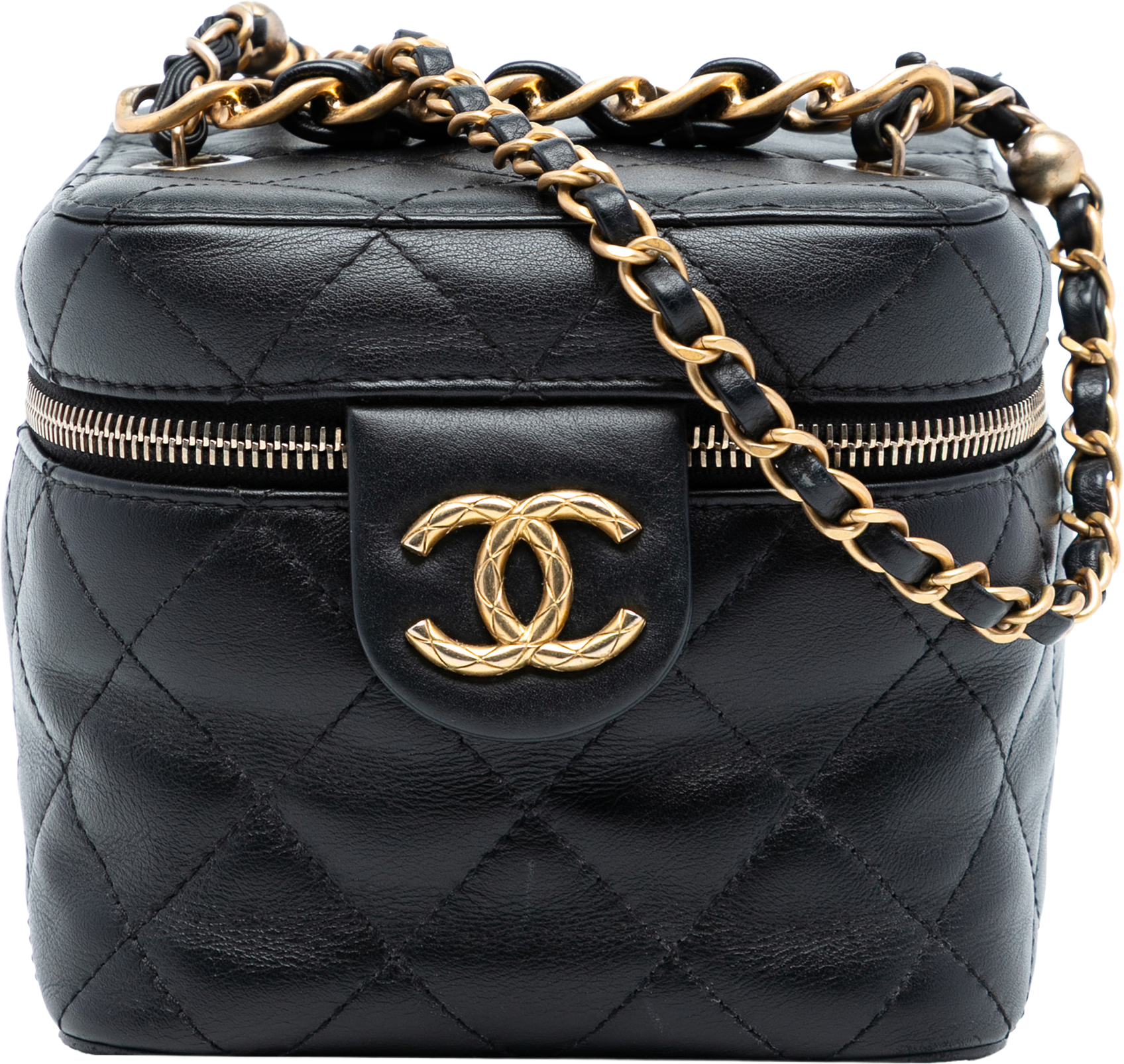 Chanel Cc Quilted Calfskin Vanity Case With Chain, från Luxclusif, i färgen black.