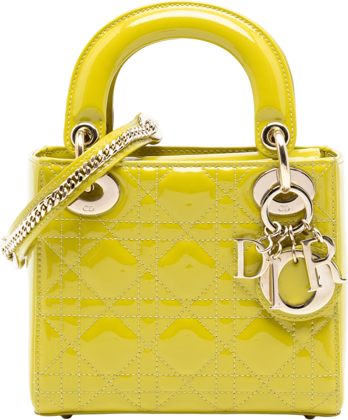 Dior Mini Patent Cannage Lady Dior, från Luxclusif, i färgen neon yellow.