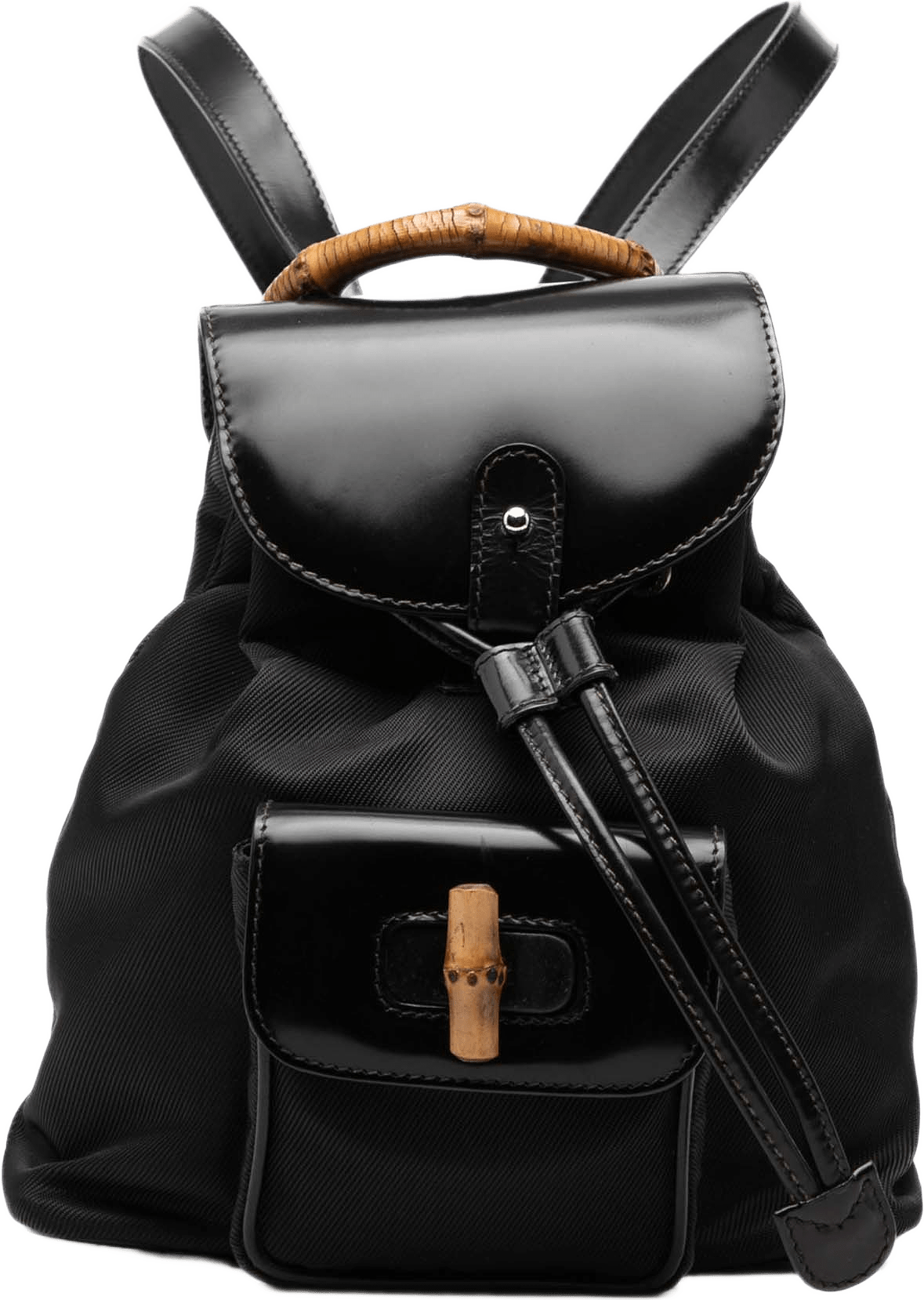 Gucci Nylon And Patent Bamboo Drawstring Backpack, från Luxclusif, i färgen svart.