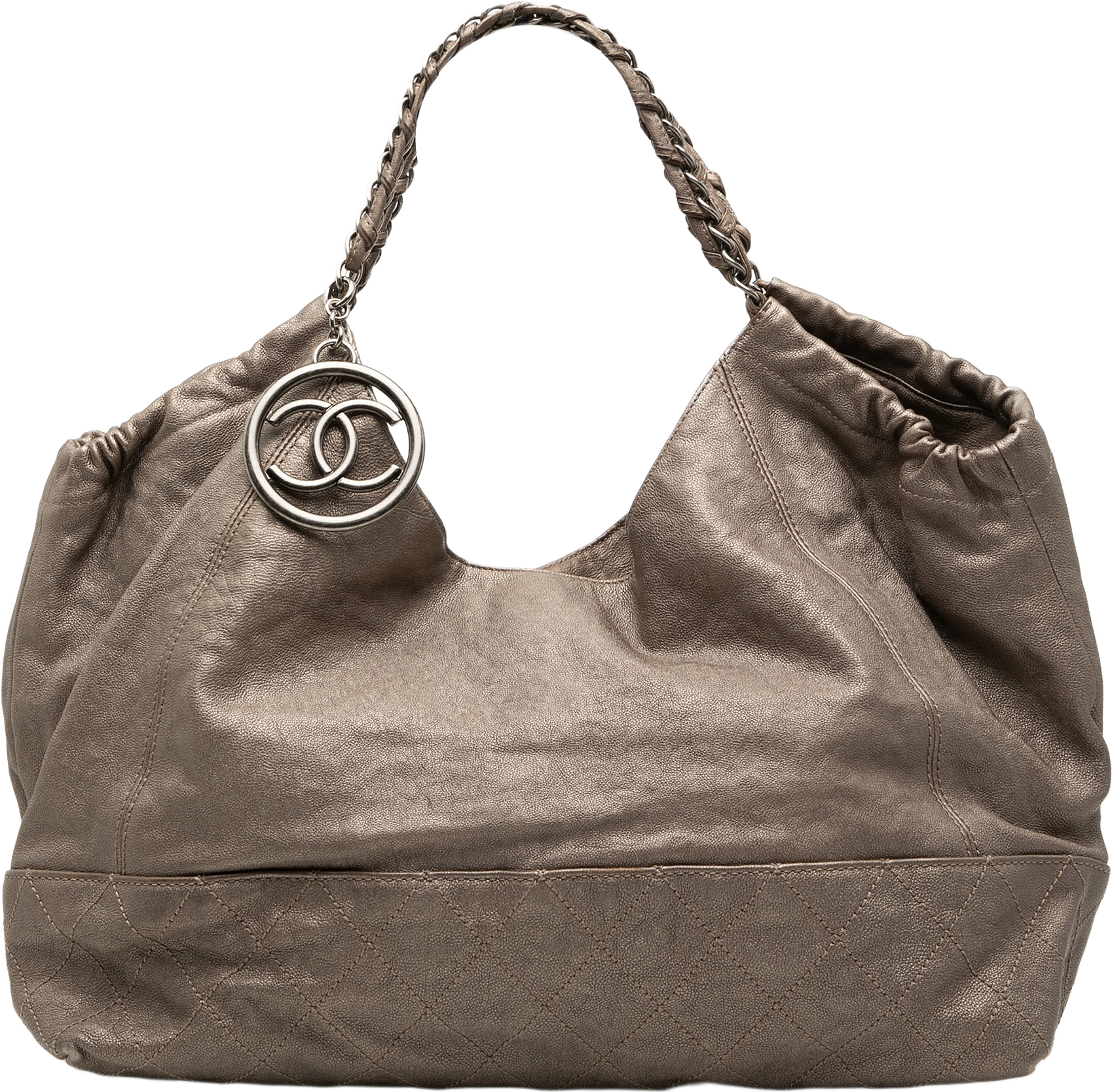 Chanel Baby Metallic Calfskin Coco Cabas Tote, från Luxclusif, i färgen taupe.
