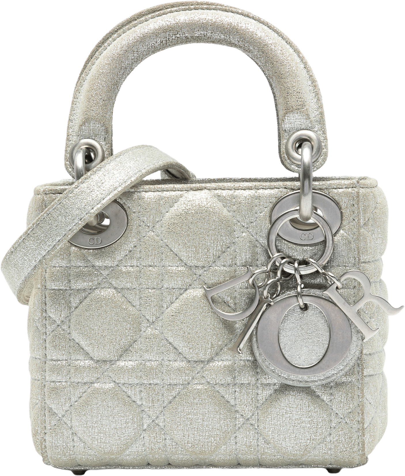 Dior Micro Metallic Calfskin Cannage Lady Dior, från Luxclusif, i färgen silver.