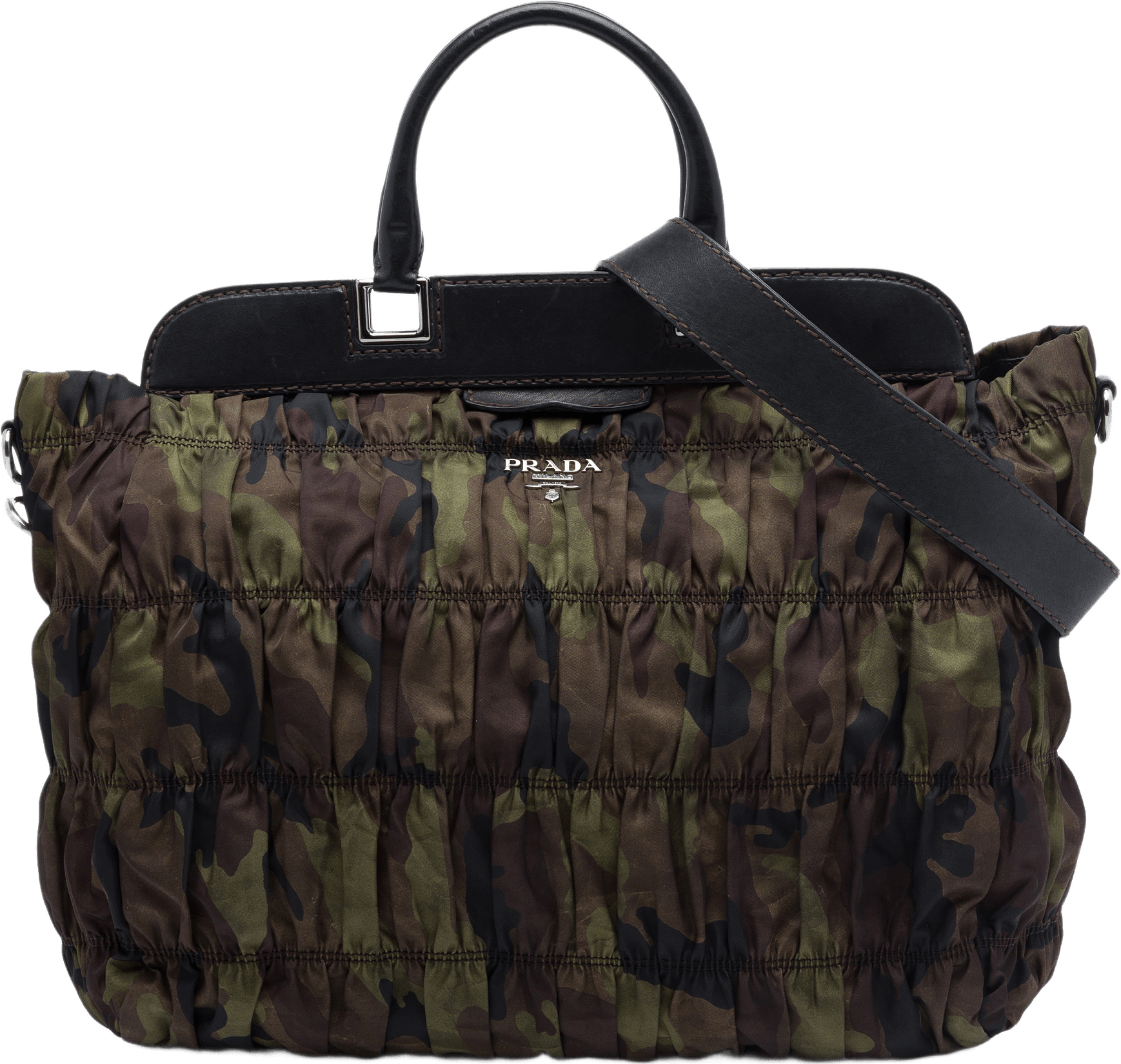 Prada Tessuto Gaufre Camouflage Frame Satchel, från Luxclusif, i färgen khaki.