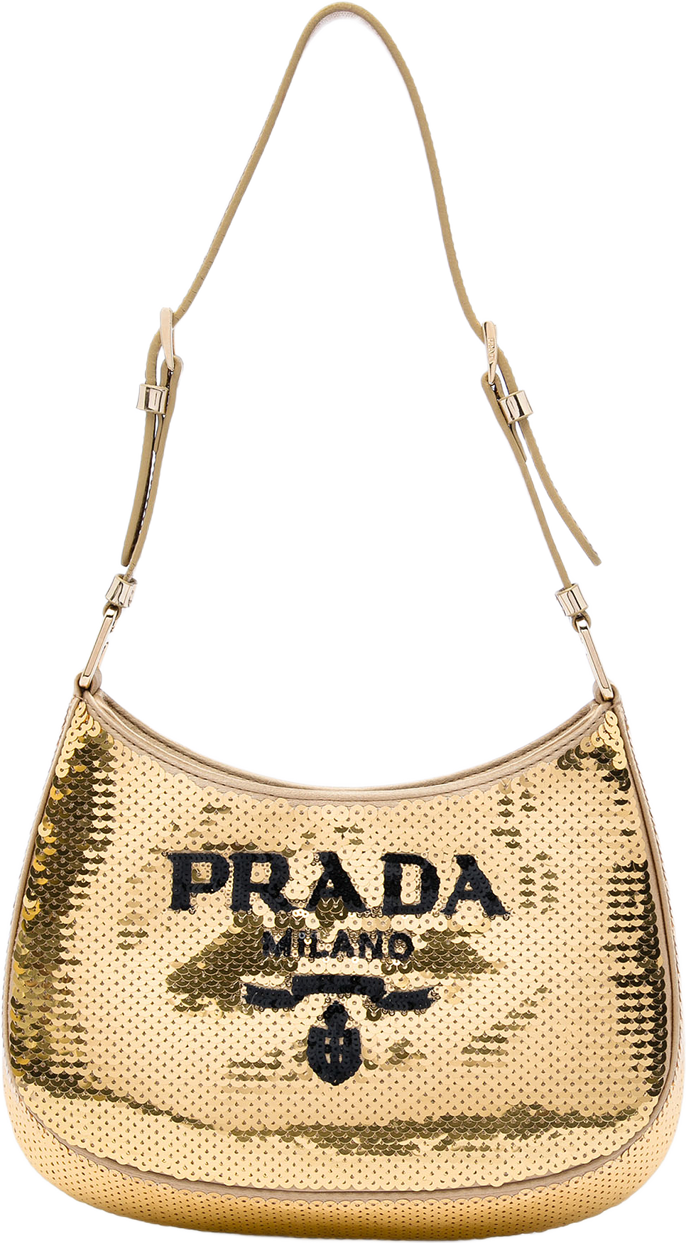 Prada Sequin Embellished Satin Cleo Shoulder Bag, från Luxclusif, i färgen guld.