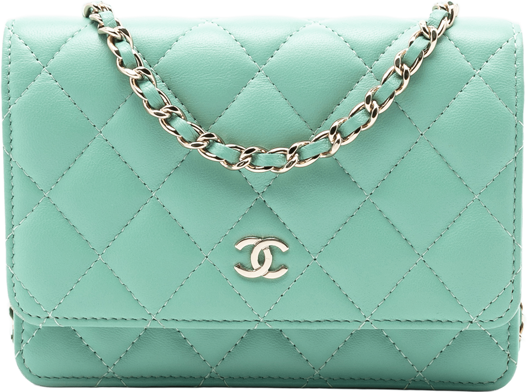 Chanel Mini Cc Quilted Lambskin Wallet On Chain, från Luxclusif, i färgen light green.