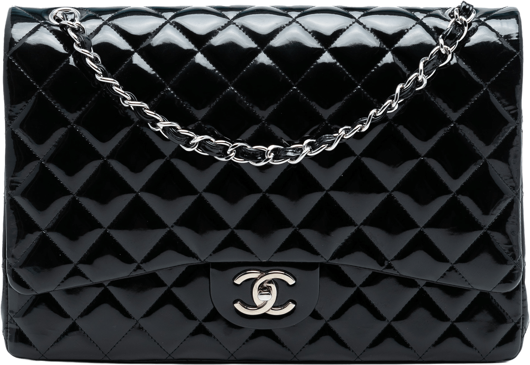 Chanel Maxi Classic Patent Double Flap, från Luxclusif, i färgen navy.