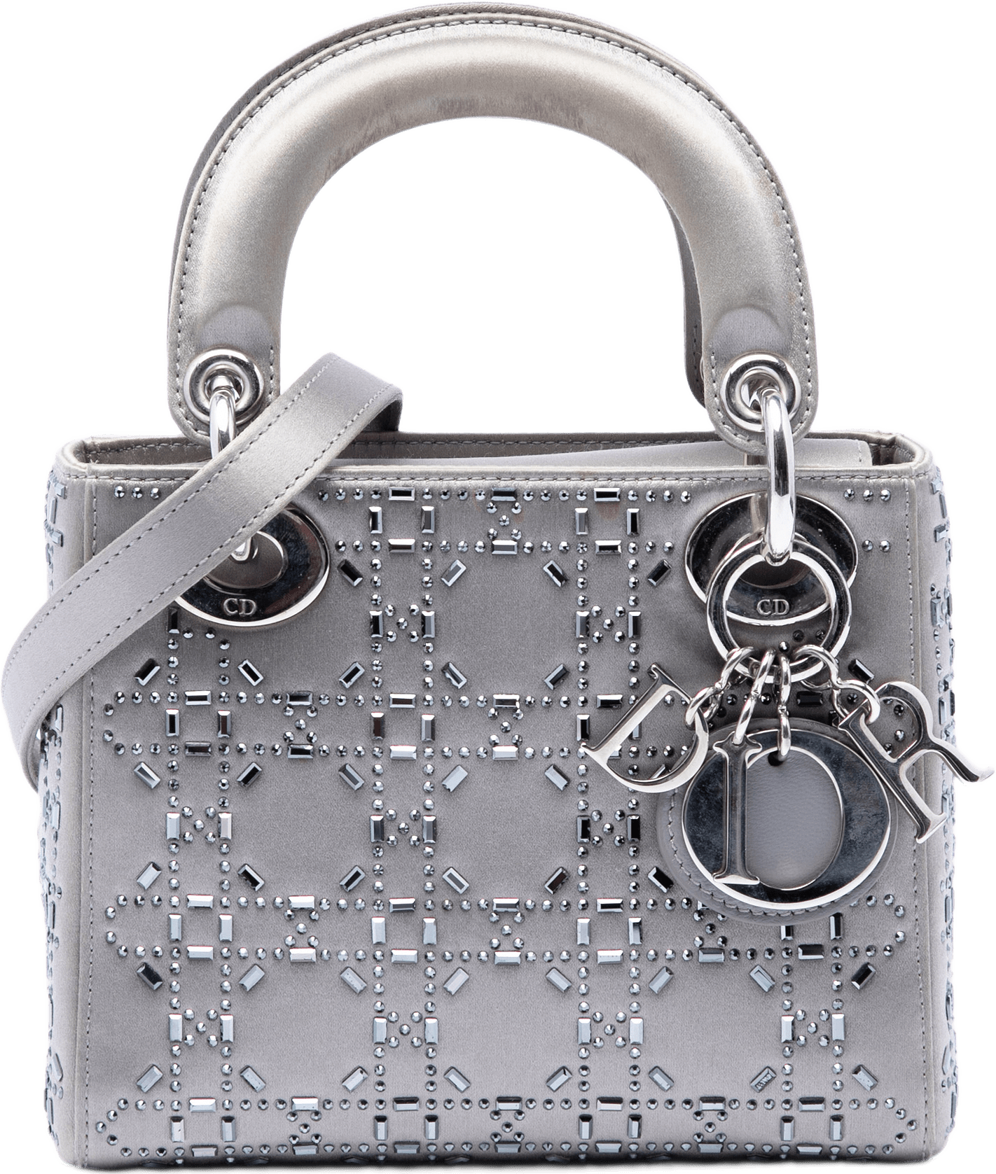 Dior Mini Satin Cannage Crystal Embellished Lady Dior, från Luxclusif, i färgen grå.